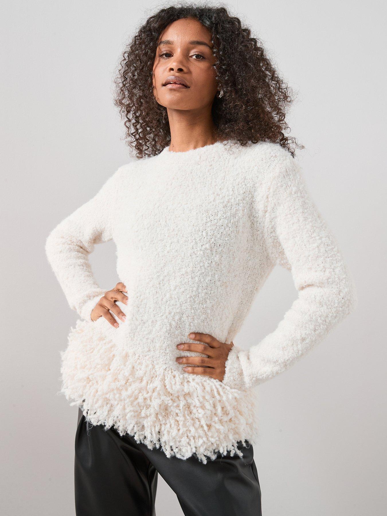 Image 1 of 7 of The Very Collection Boucle Fringe Hem Crew Neck Jumper - Cream
