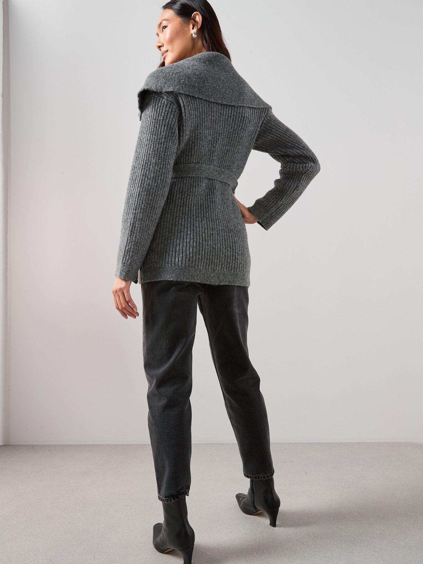  image of the-very-collection-oversized-collar-belted-longline-cardigan-grey