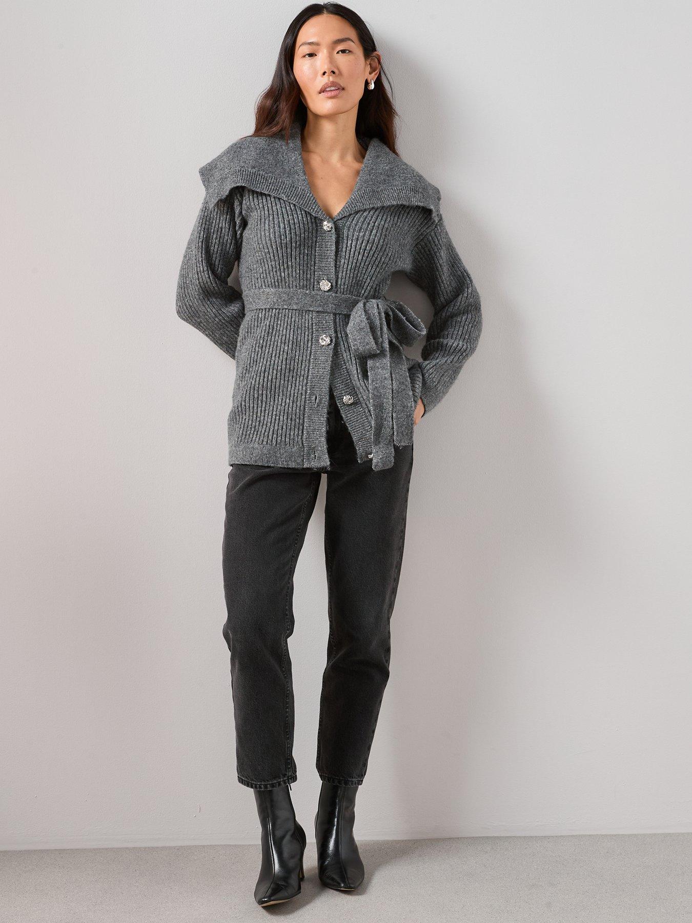  image of the-very-collection-oversized-collar-belted-longline-cardigan-grey