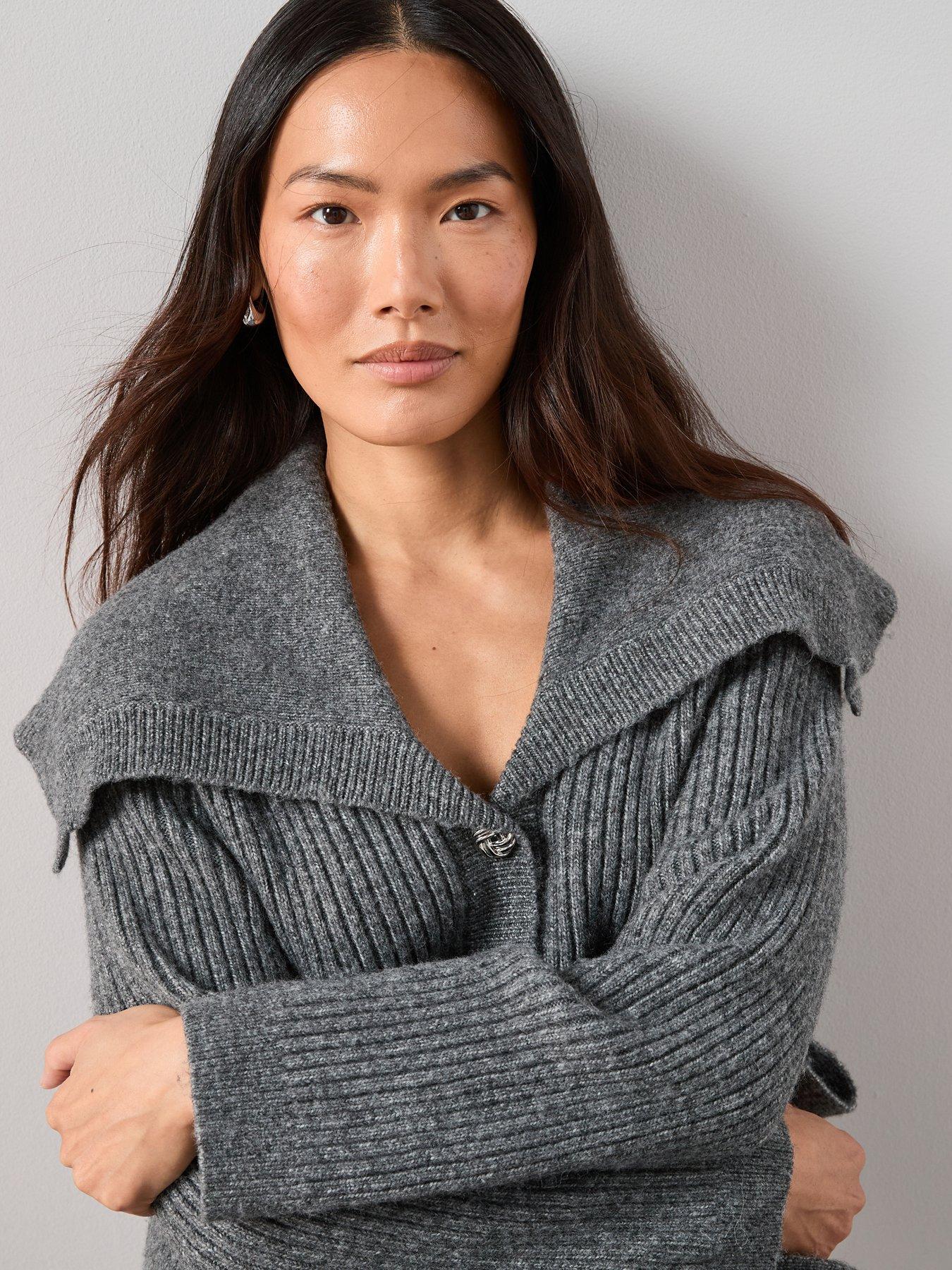  image of the-very-collection-oversized-collar-belted-longline-cardigan-grey