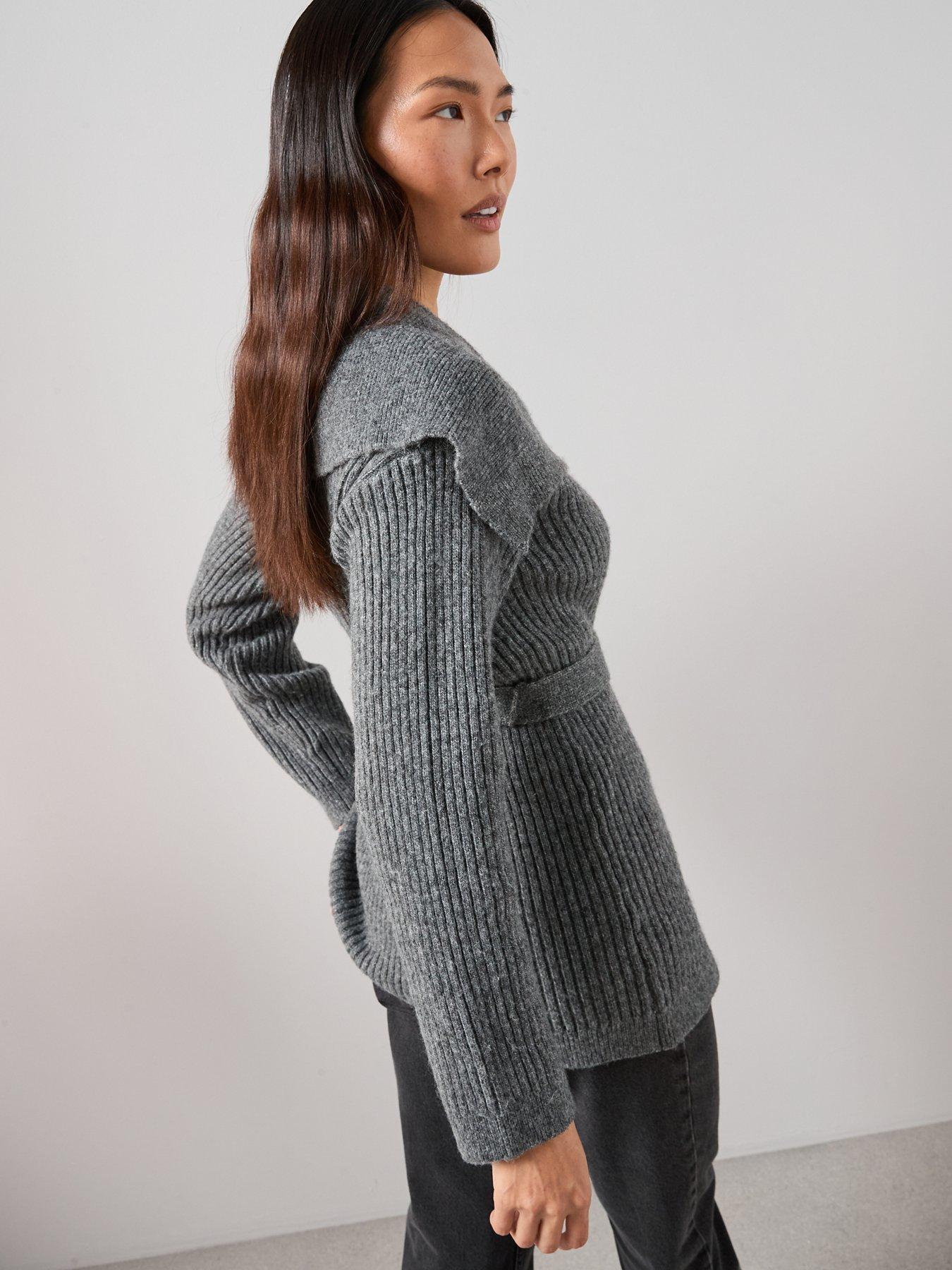  image of the-very-collection-oversized-collar-belted-longline-cardigan-grey