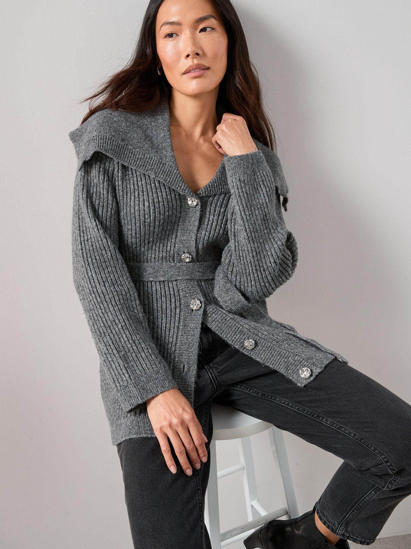  image of the-very-collection-oversized-collar-belted-longline-cardigan-grey