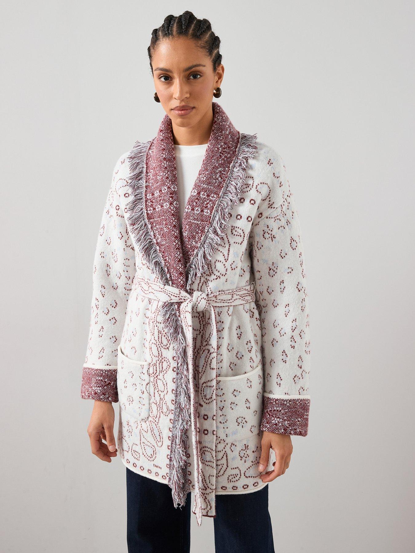 The Very Collection Fringe Jacquard Wrap Cardigan - Burgundy