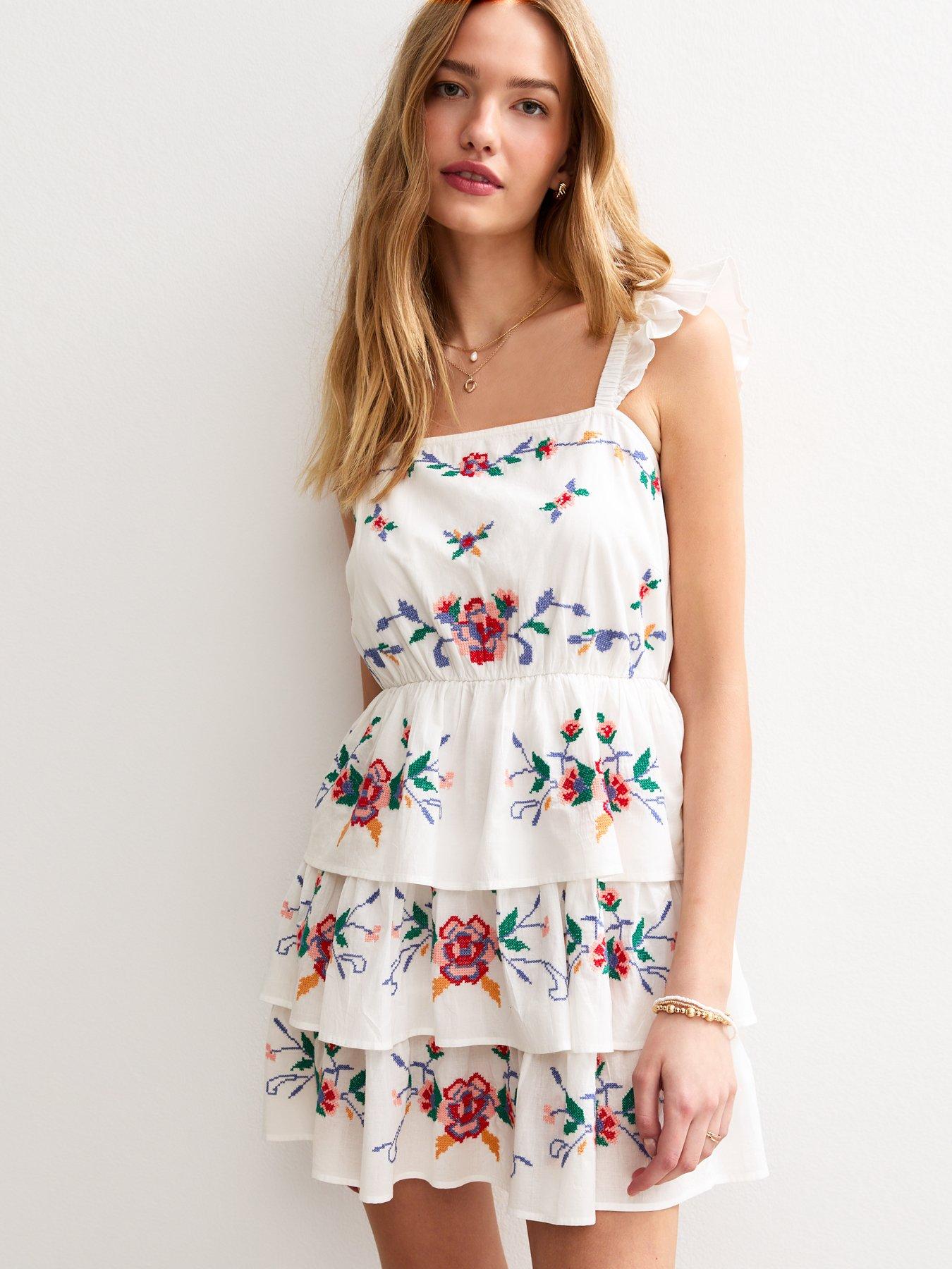 undefined White Tiered Floral Embroidered Mini Dress