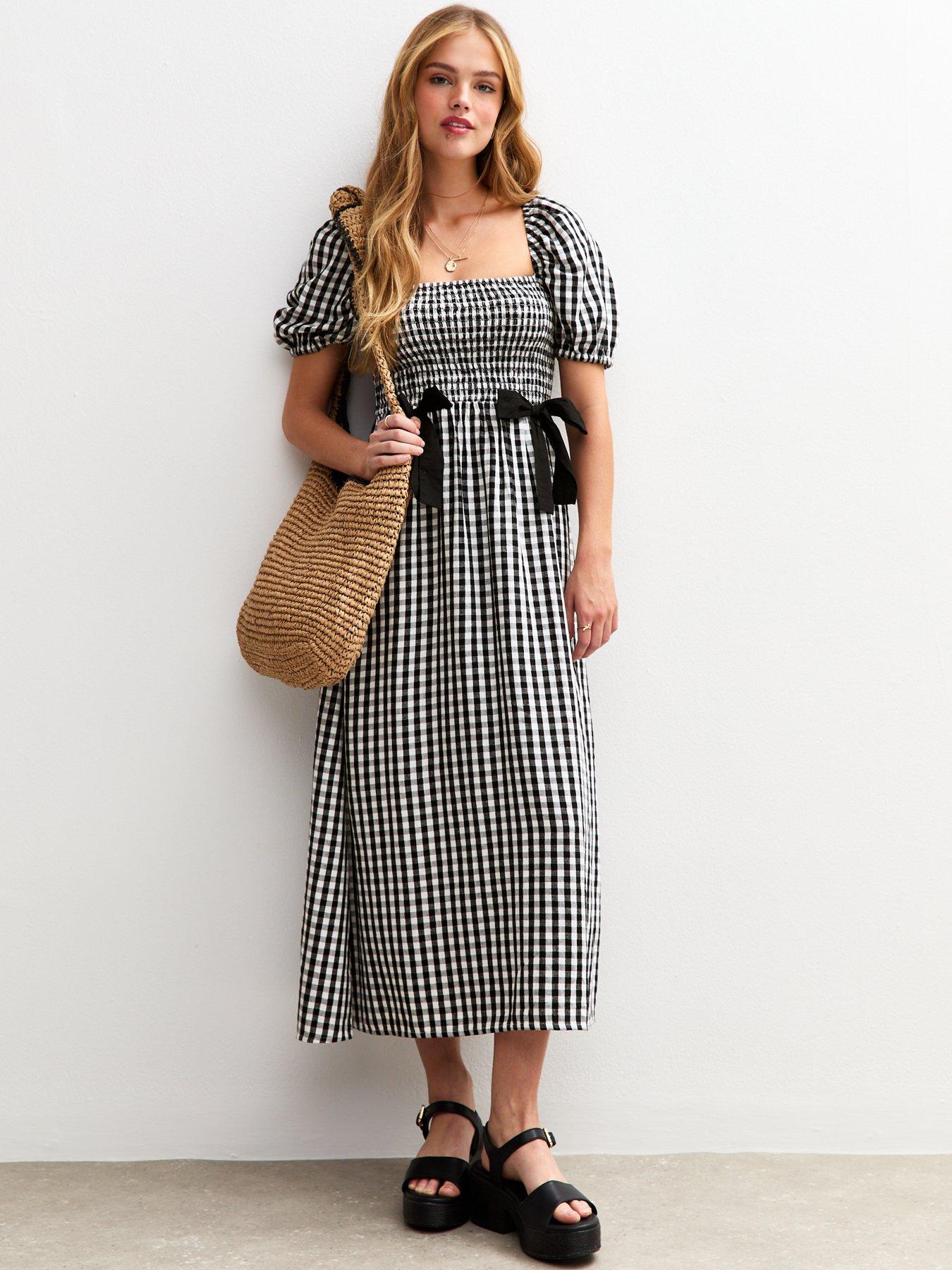 undefined Ex Gingham Shirr Bow Front Midi - Black