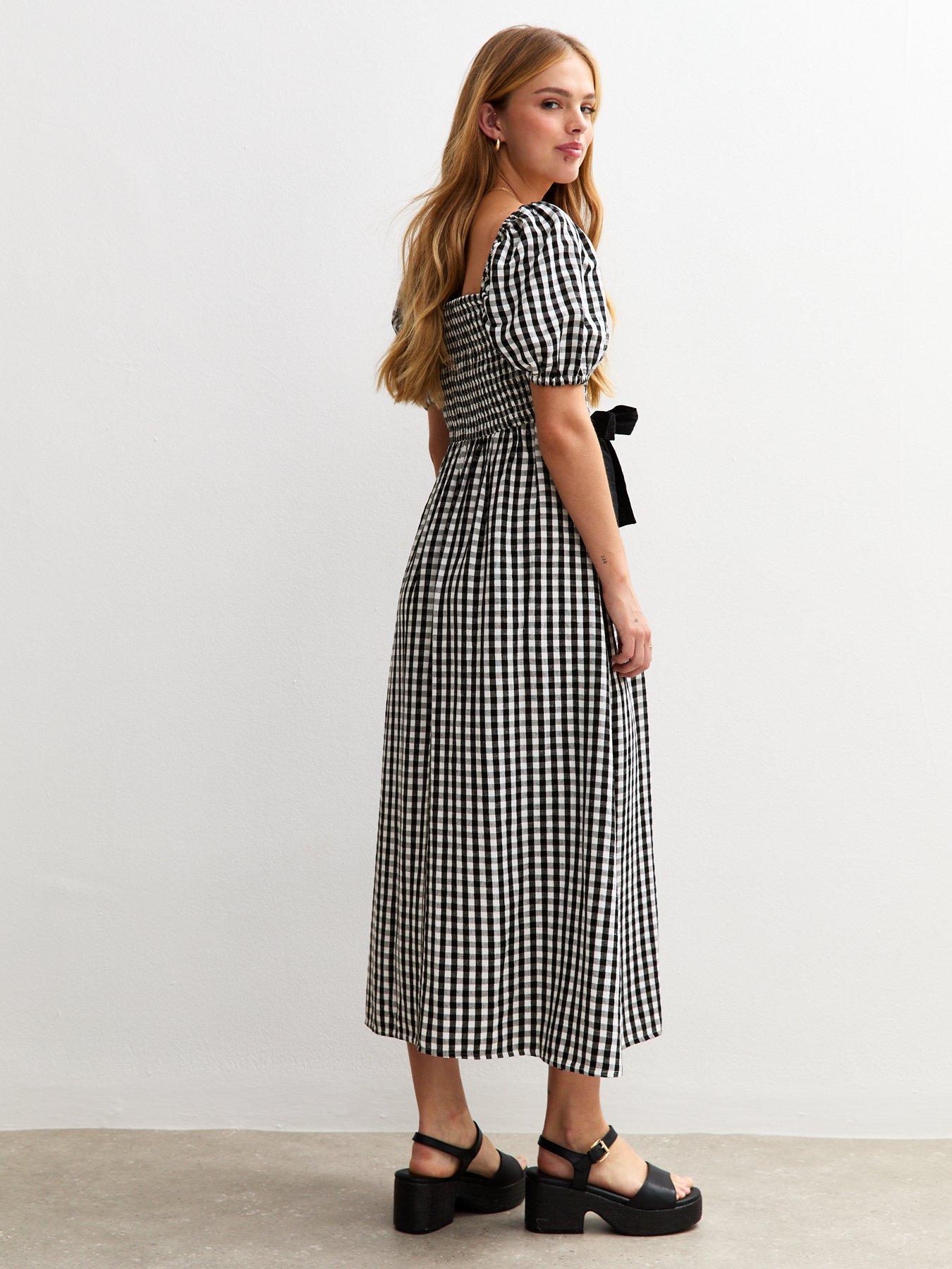 stillFront image of new-look-gingham-shirred-bow-front-midi-dressnbsp--black