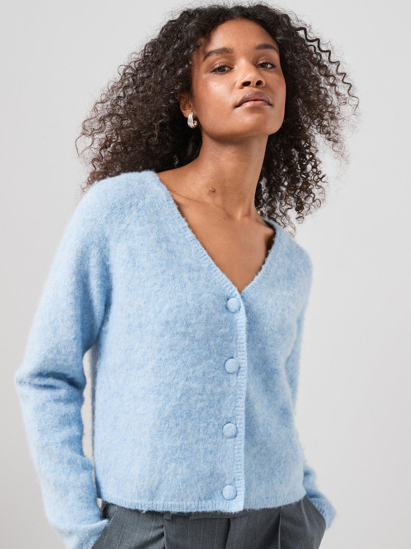  image of the-very-collection-fluffy-v-neck-covered-button-cardigan-blue