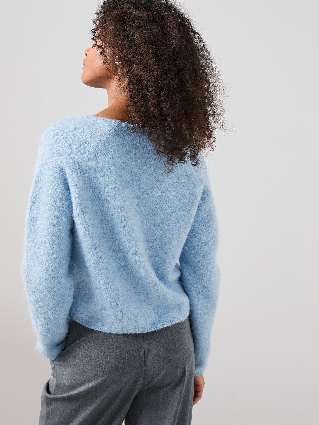 stillFront image of the-very-collection-fluffy-v-neck-covered-button-cardigan-blue