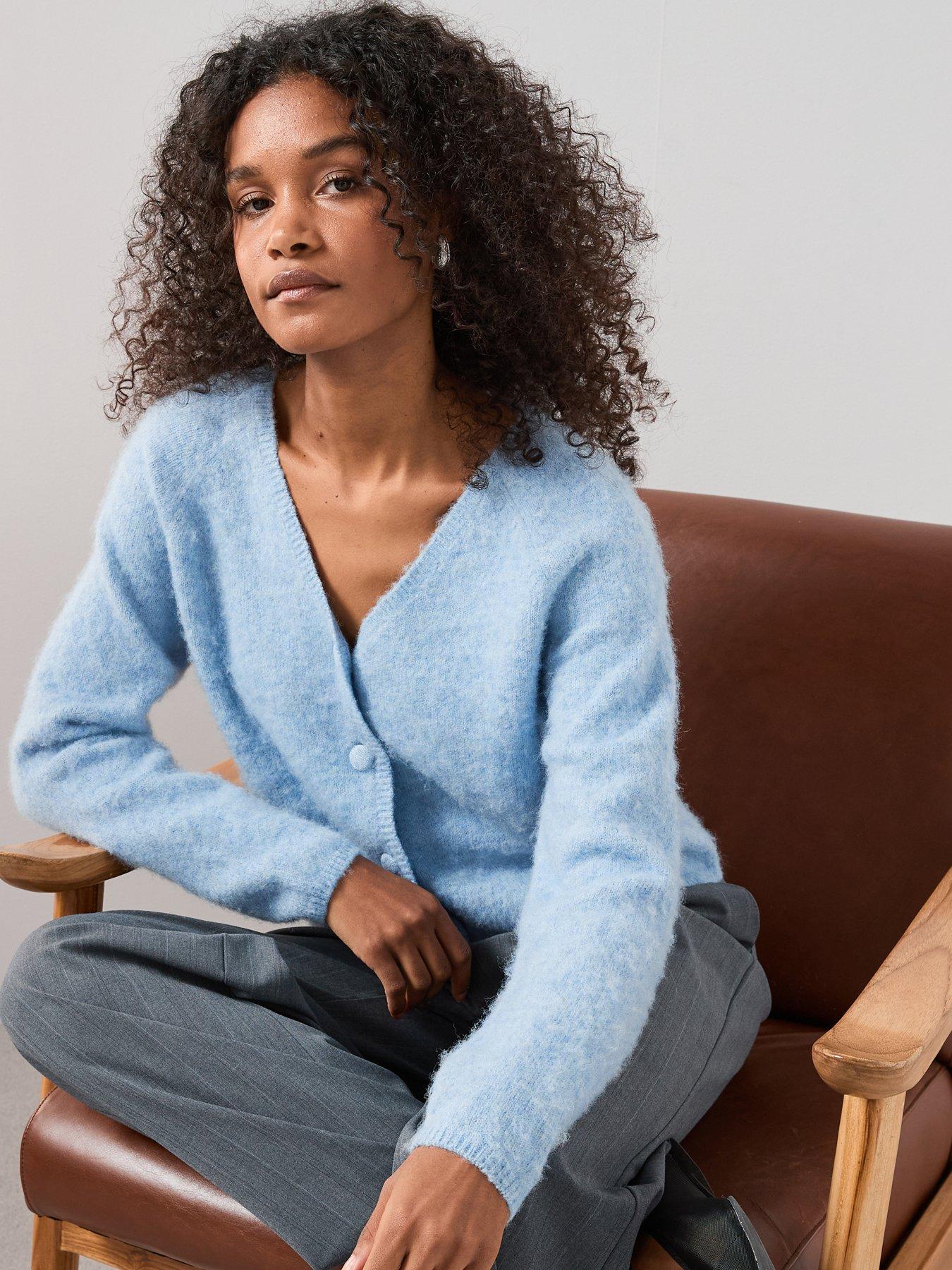  image of the-very-collection-fluffy-v-neck-covered-button-cardigan-blue
