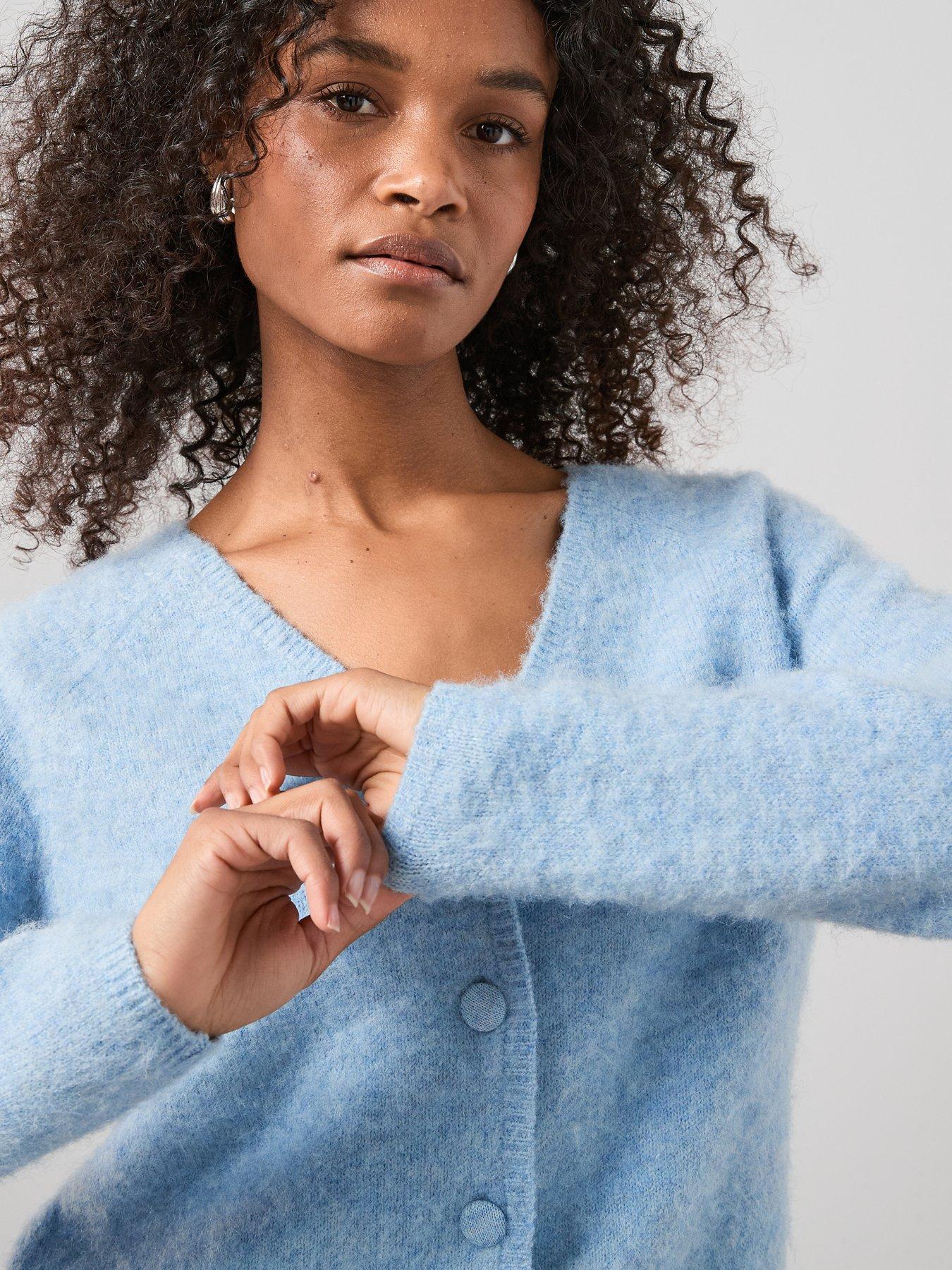  image of the-very-collection-fluffy-v-neck-covered-button-cardigan-blue