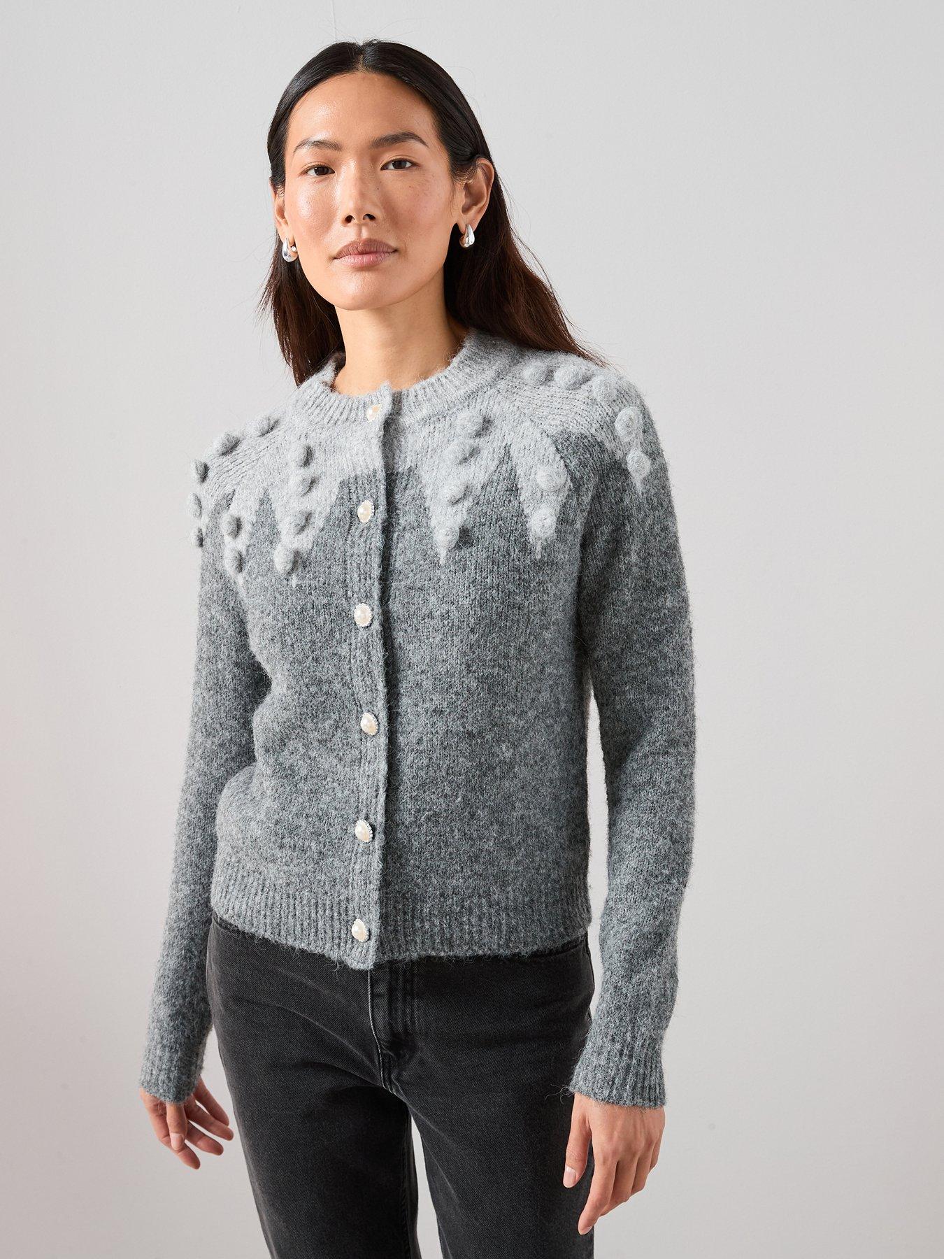  image of the-very-collection-crew-neck-pom-pom-jacquard-cardigan-grey