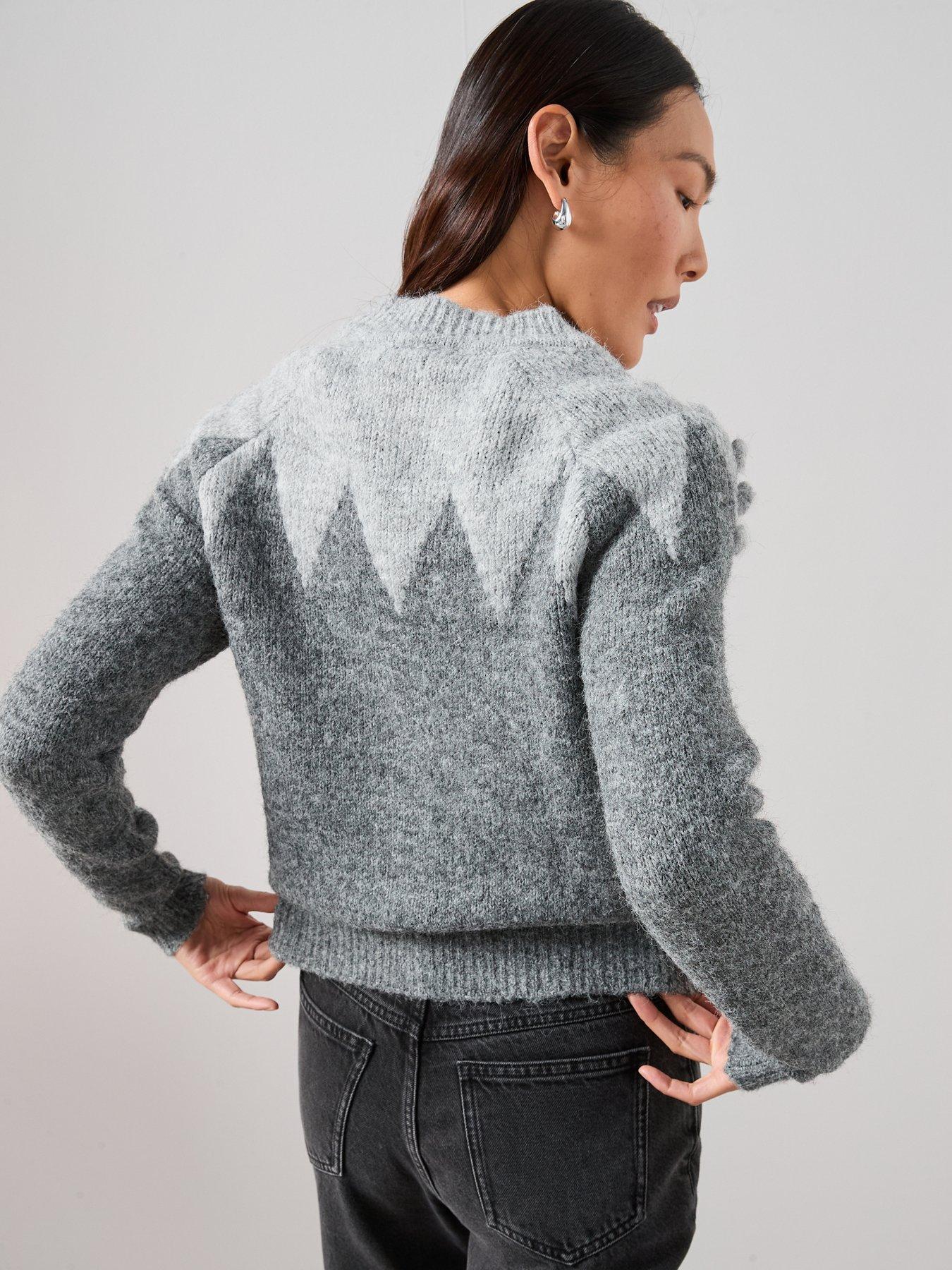 stillFront image of the-very-collection-crew-neck-pom-pom-jacquard-cardigan-grey