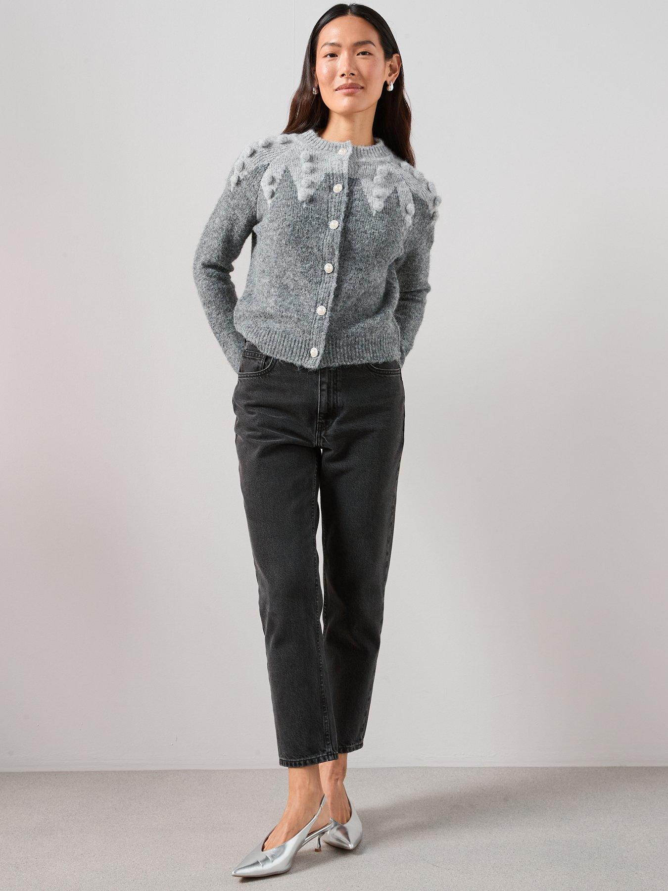  image of the-very-collection-crew-neck-pom-pom-jacquard-cardigan-grey