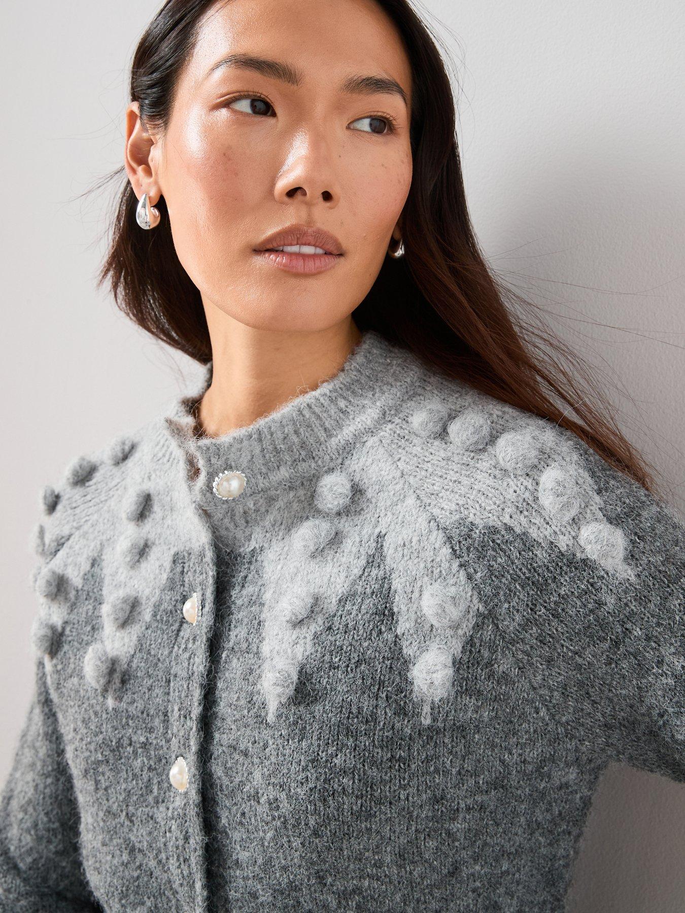 image of the-very-collection-crew-neck-pom-pom-jacquard-cardigan-grey