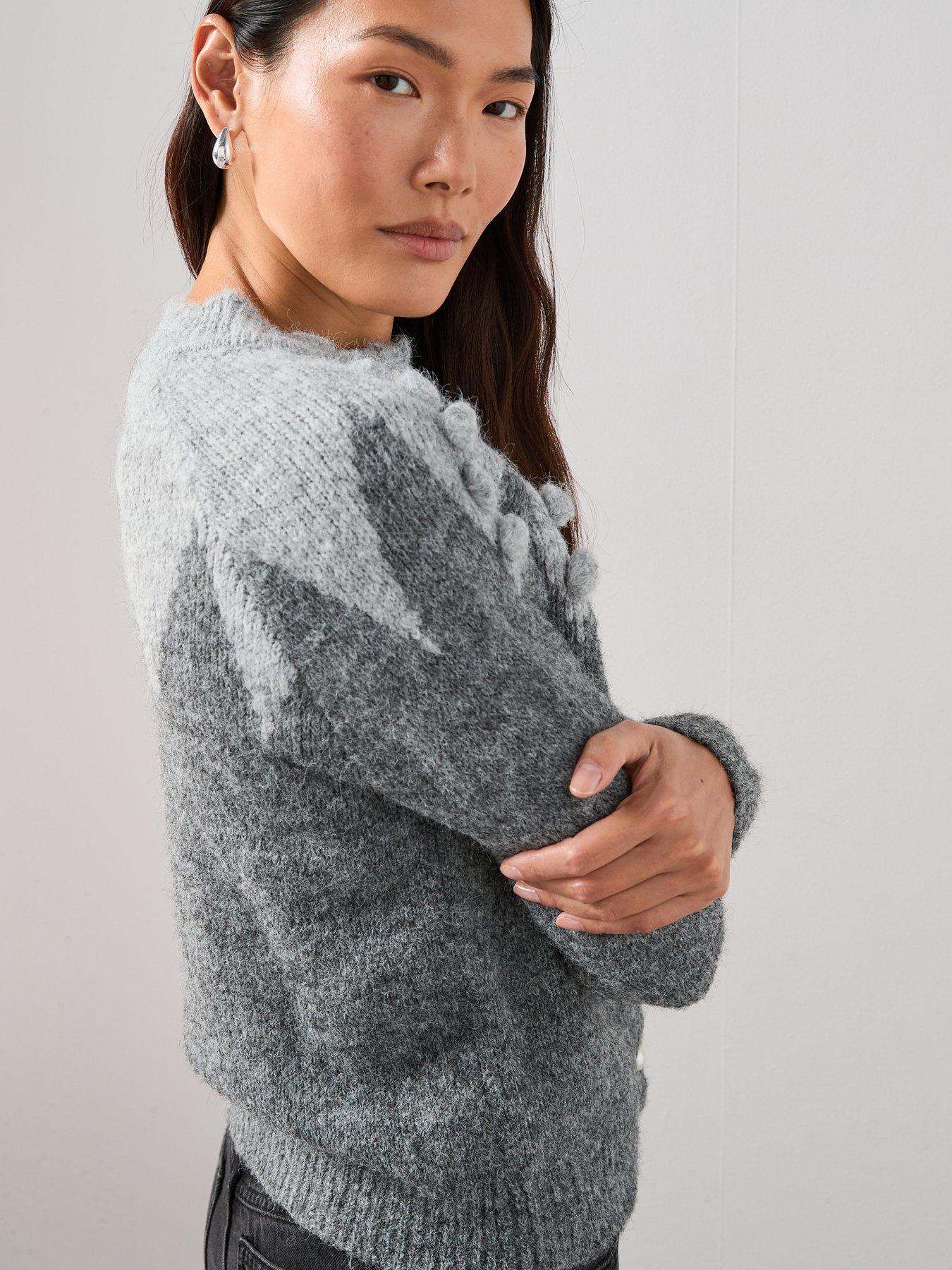  image of the-very-collection-crew-neck-pom-pom-jacquard-cardigan-grey