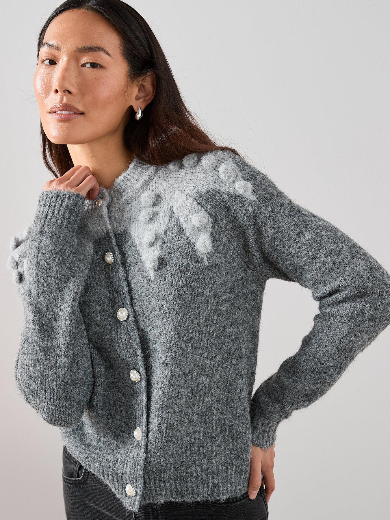  image of the-very-collection-crew-neck-pom-pom-jacquard-cardigan-grey