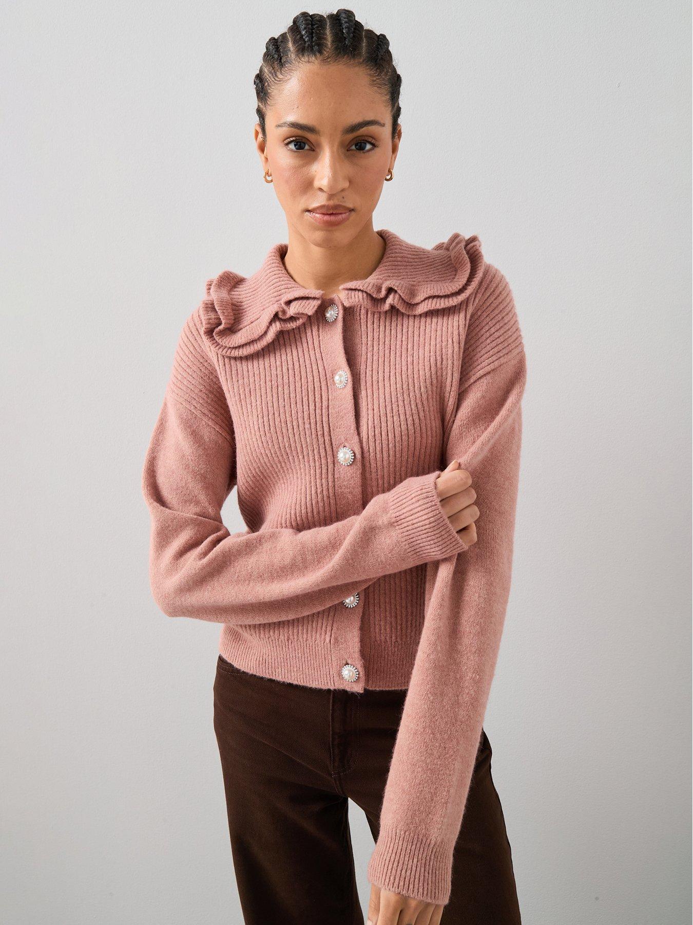 Image 1 of 7 of The Very Collection Frill Collared Cardigan With Wool - Pink
