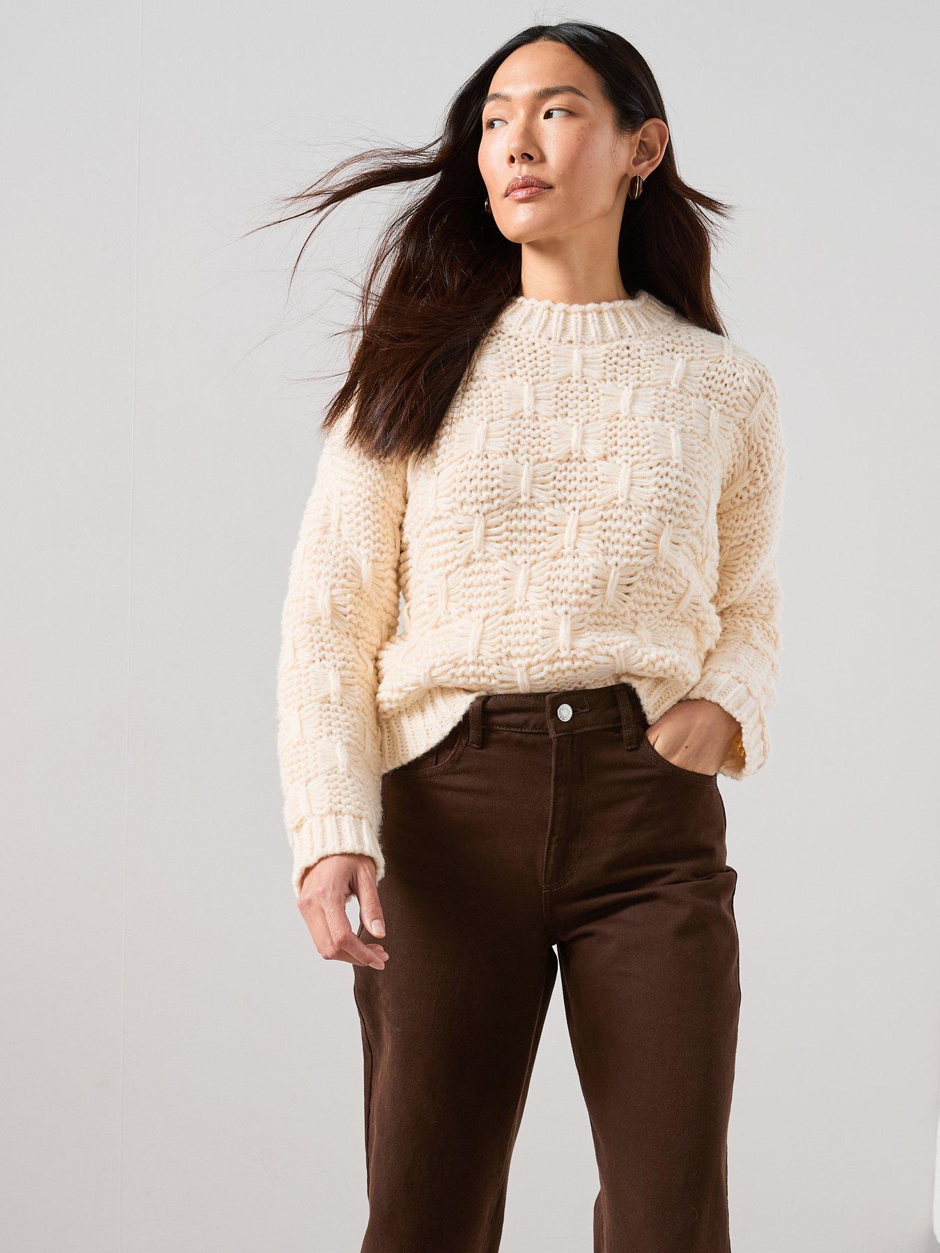  image of the-very-collection-chunky-knitted-stitch-detail-jumper-cream
