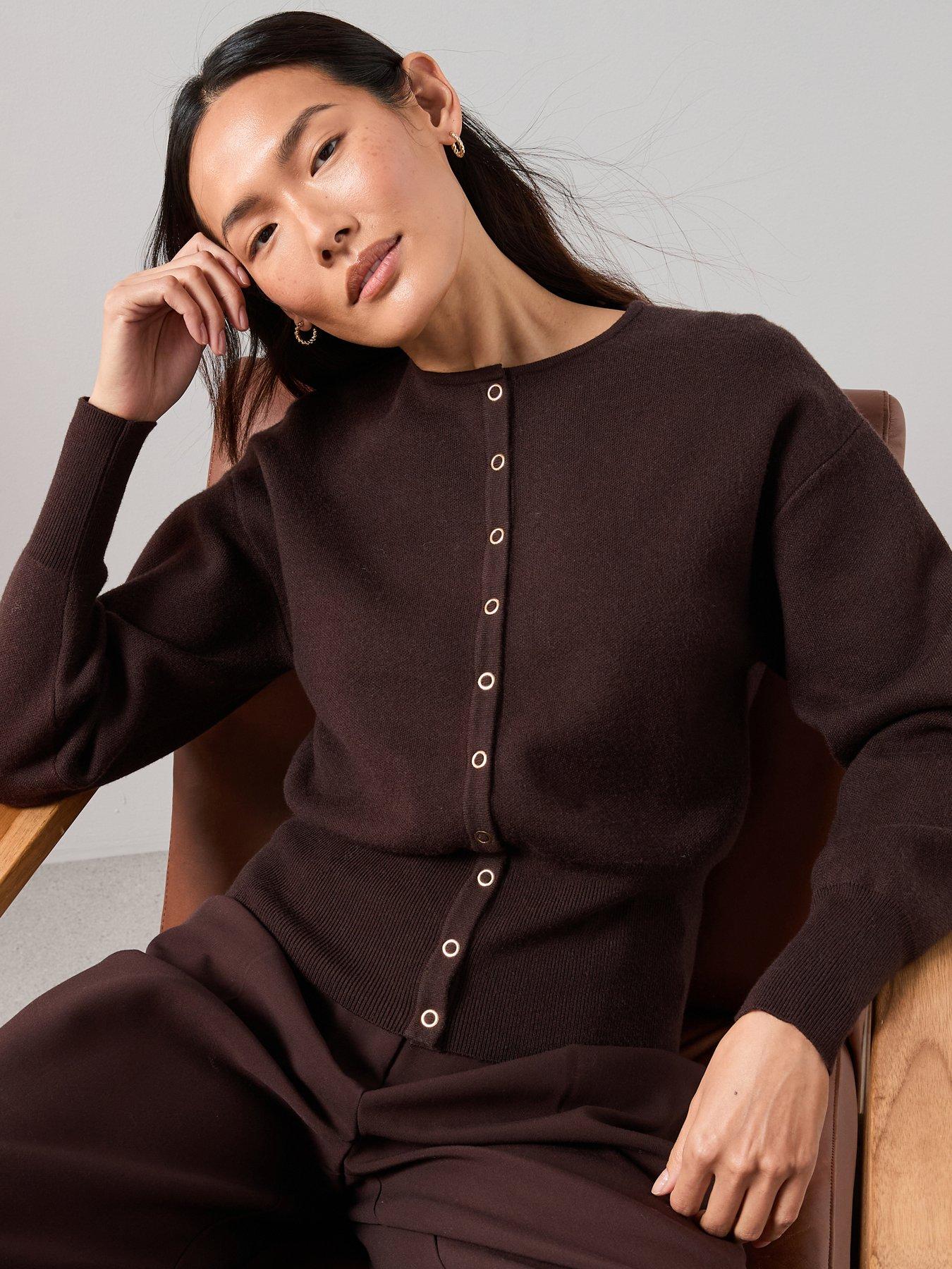  image of the-very-collection-crew-neck-popper-front-cardigan-chocolate