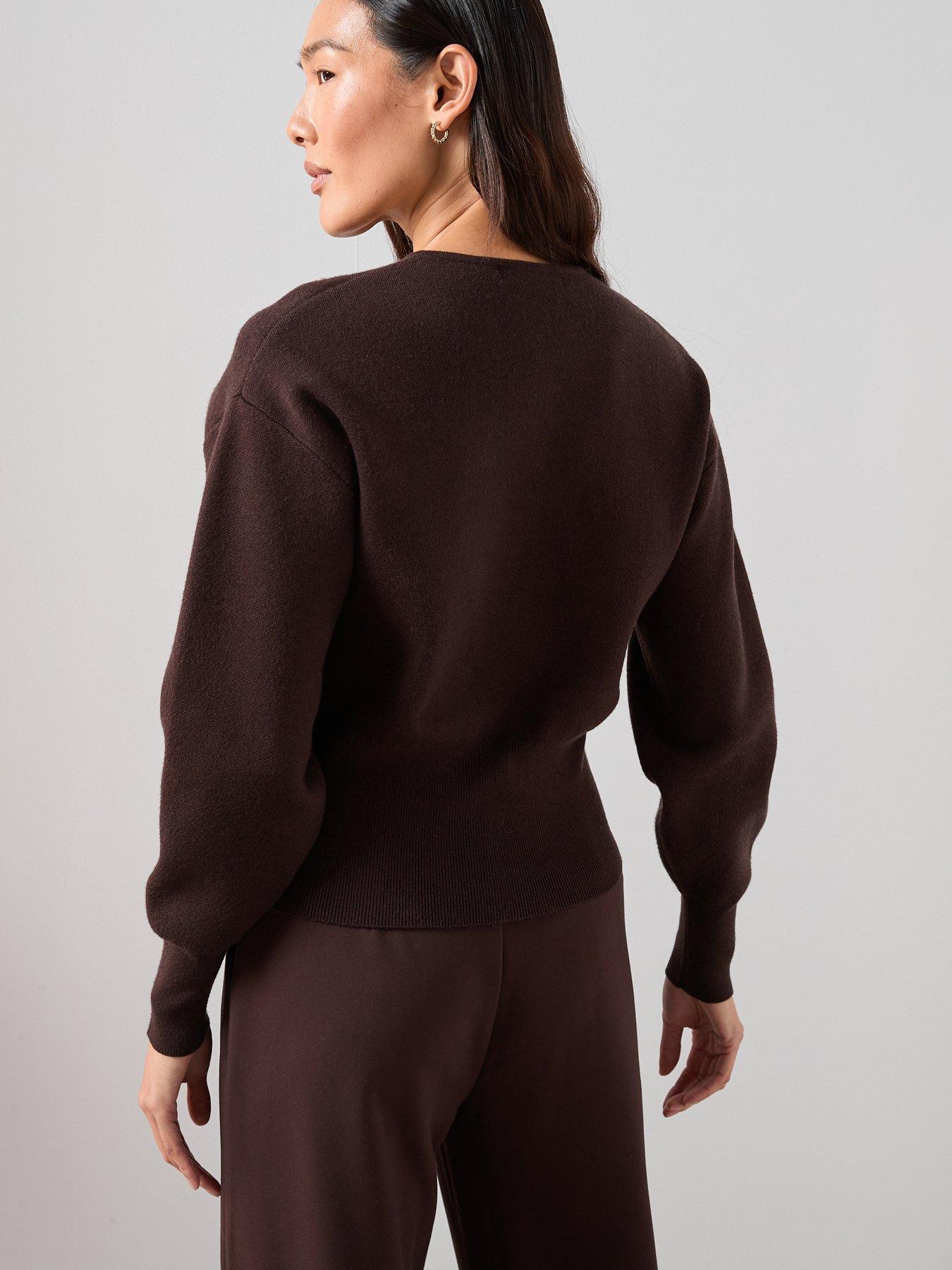 stillFront image of the-very-collection-crew-neck-popper-front-cardigan-chocolate