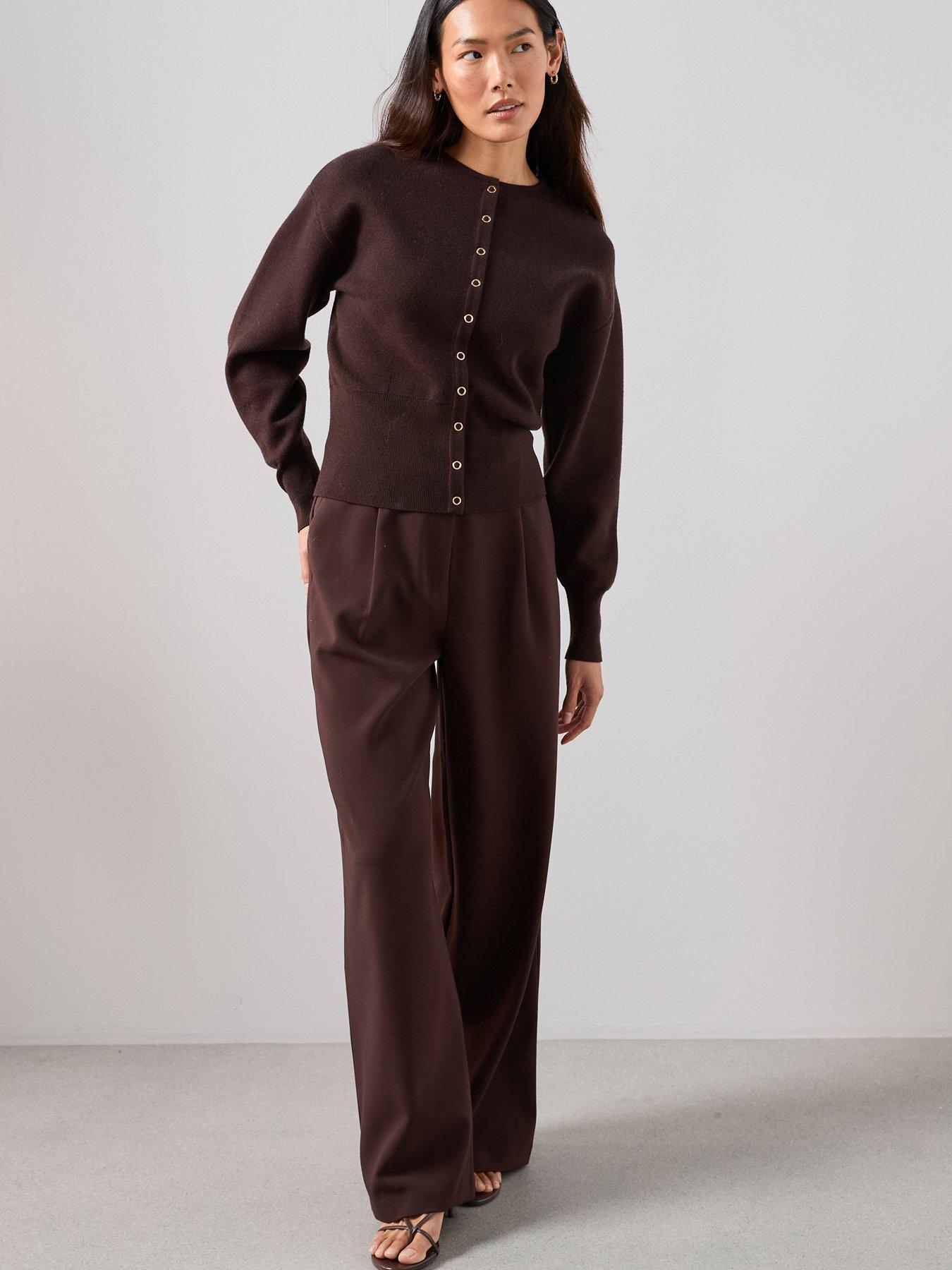  image of the-very-collection-crew-neck-popper-front-cardigan-chocolate