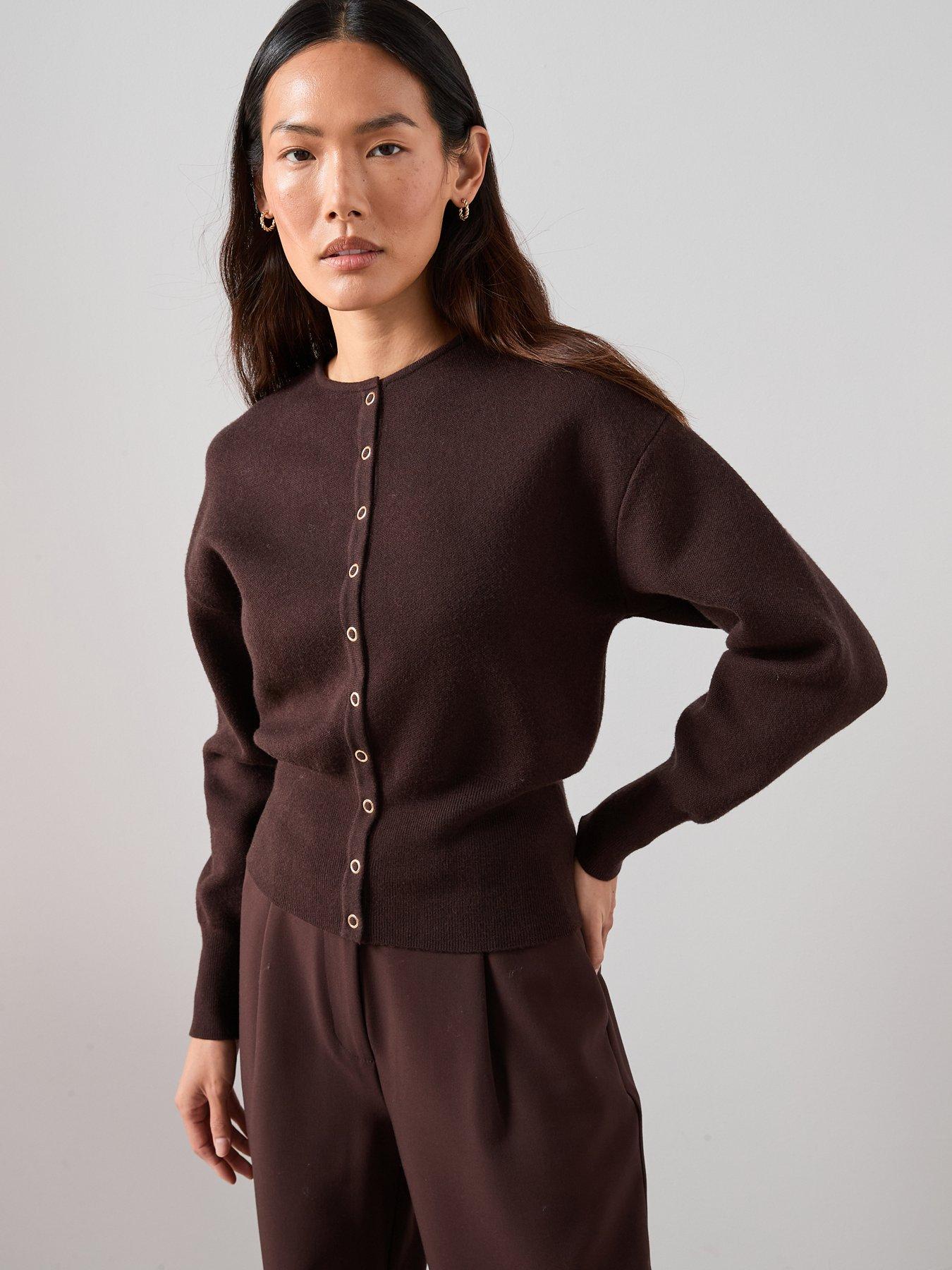 image of the-very-collection-crew-neck-popper-front-cardigan-chocolate