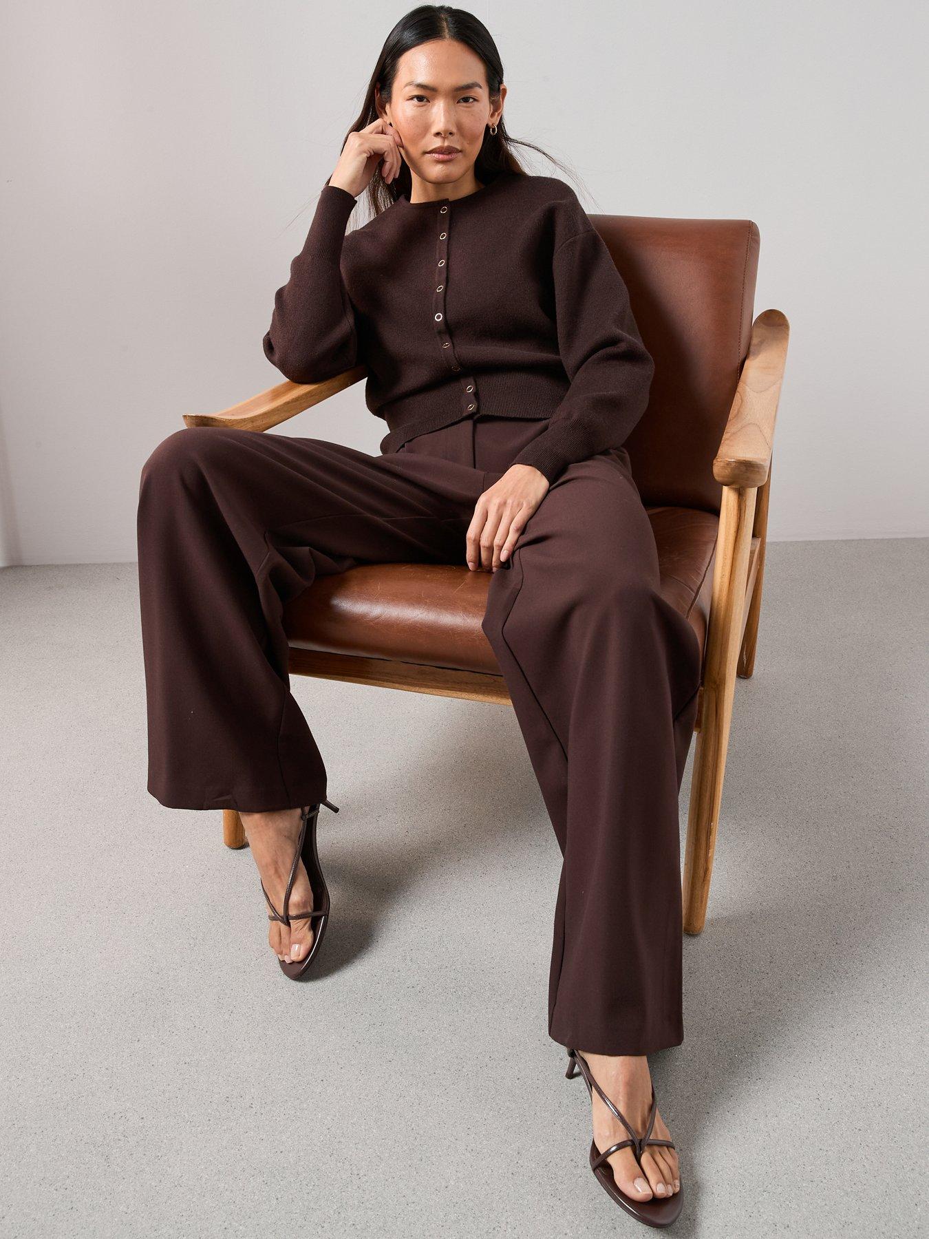  image of the-very-collection-crew-neck-popper-front-cardigan-chocolate