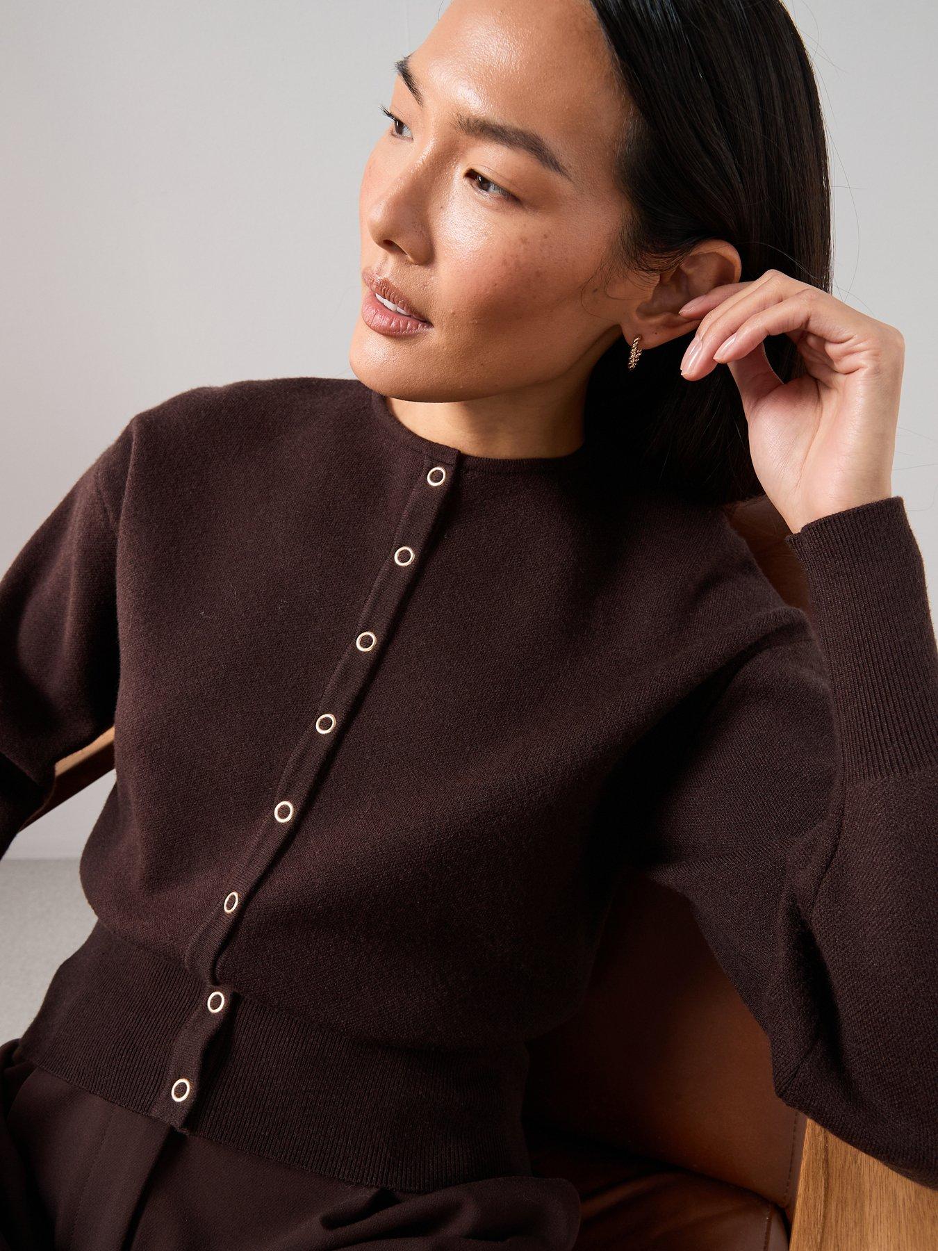  image of the-very-collection-crew-neck-popper-front-cardigan-chocolate