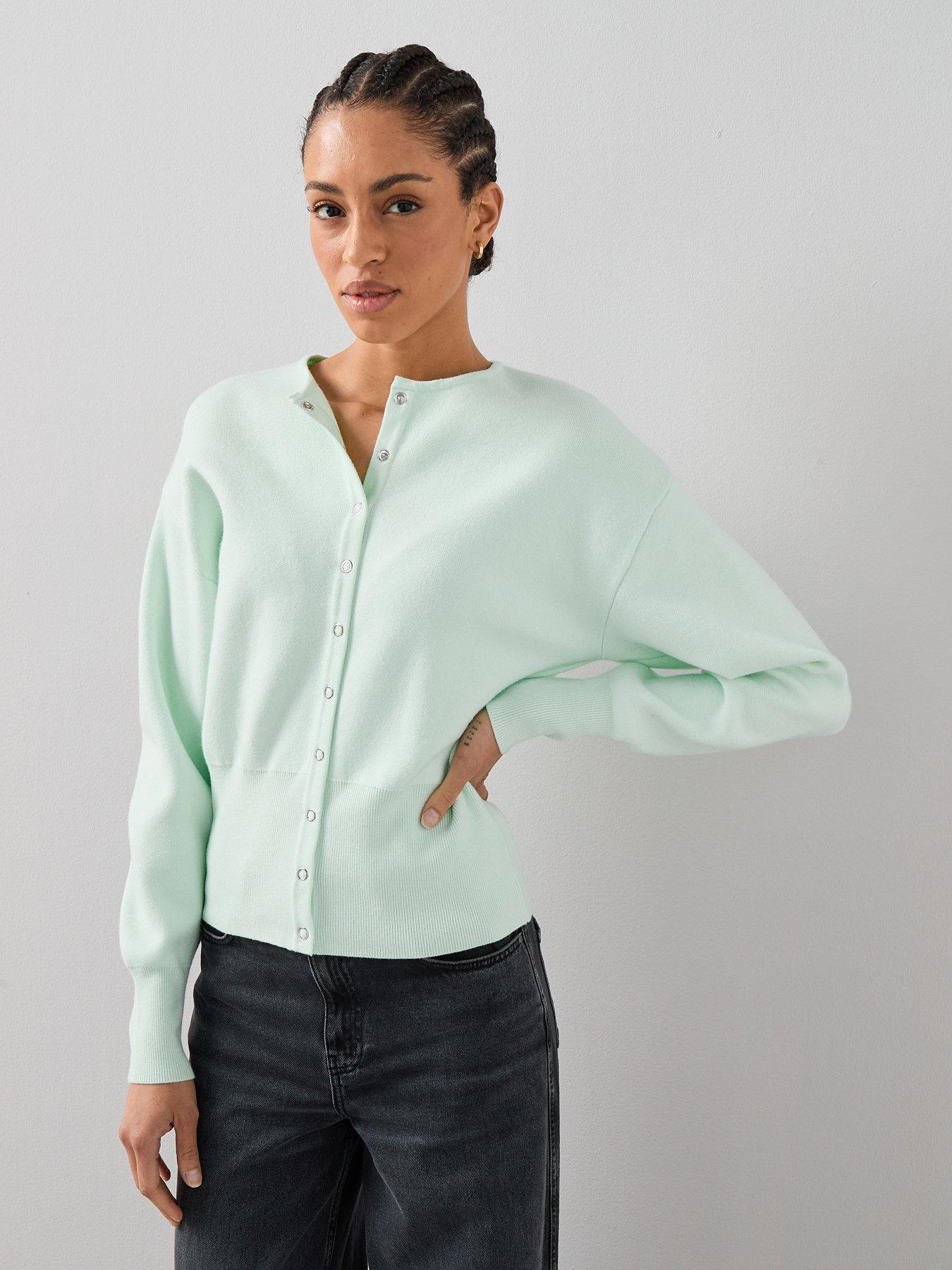  image of the-very-collection-crew-neck-popper-front-cardigan-green