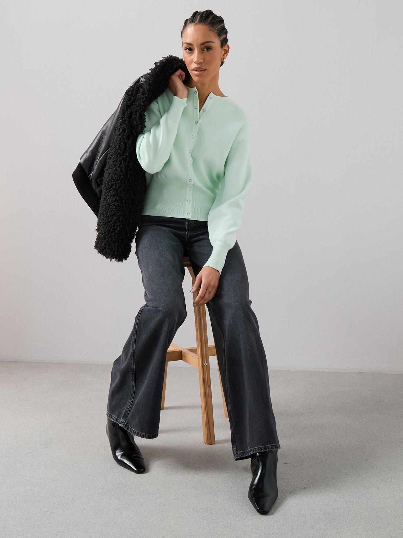  image of the-very-collection-crew-neck-popper-front-cardigan-green