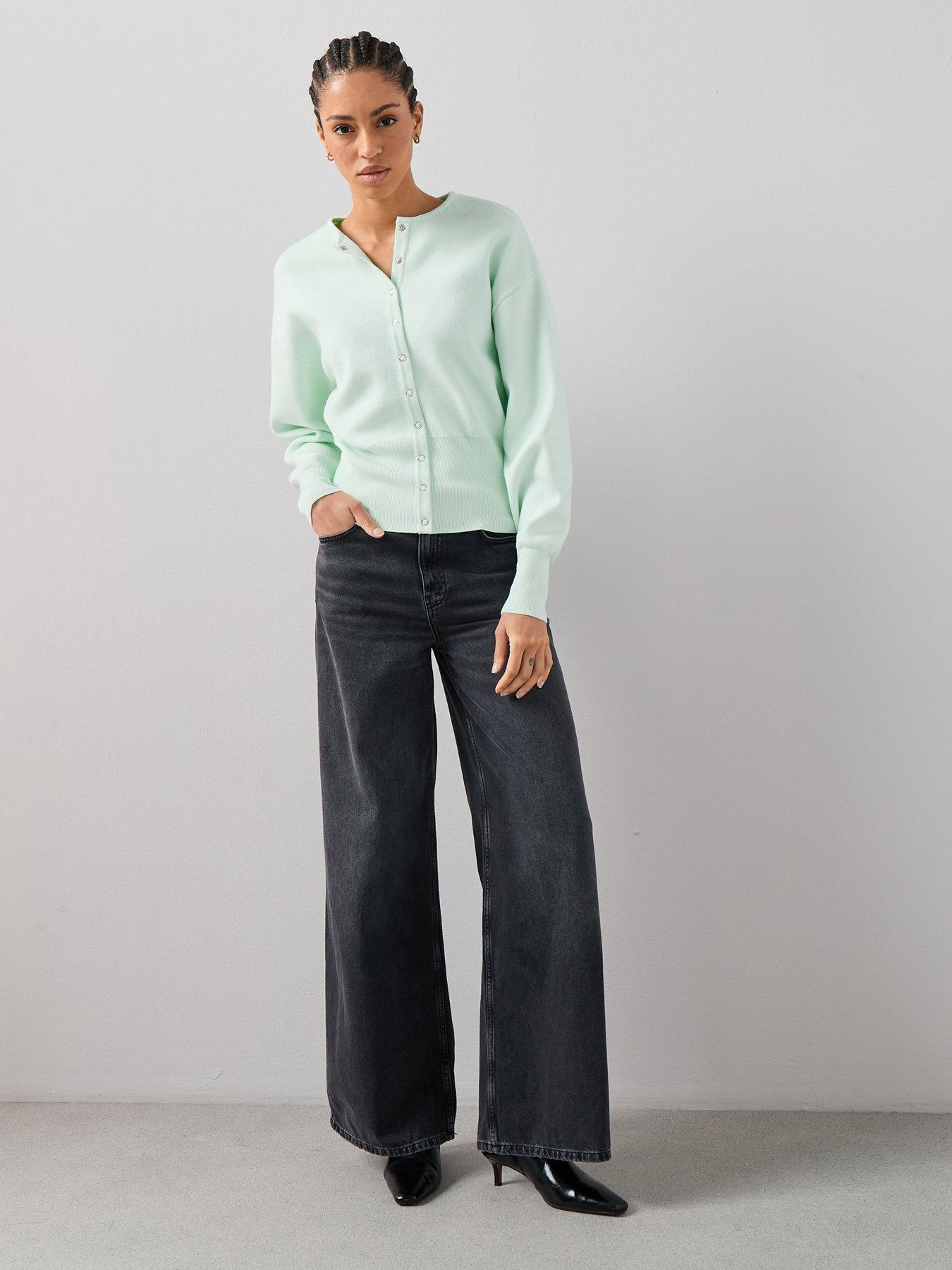  image of the-very-collection-crew-neck-popper-front-cardigan-green