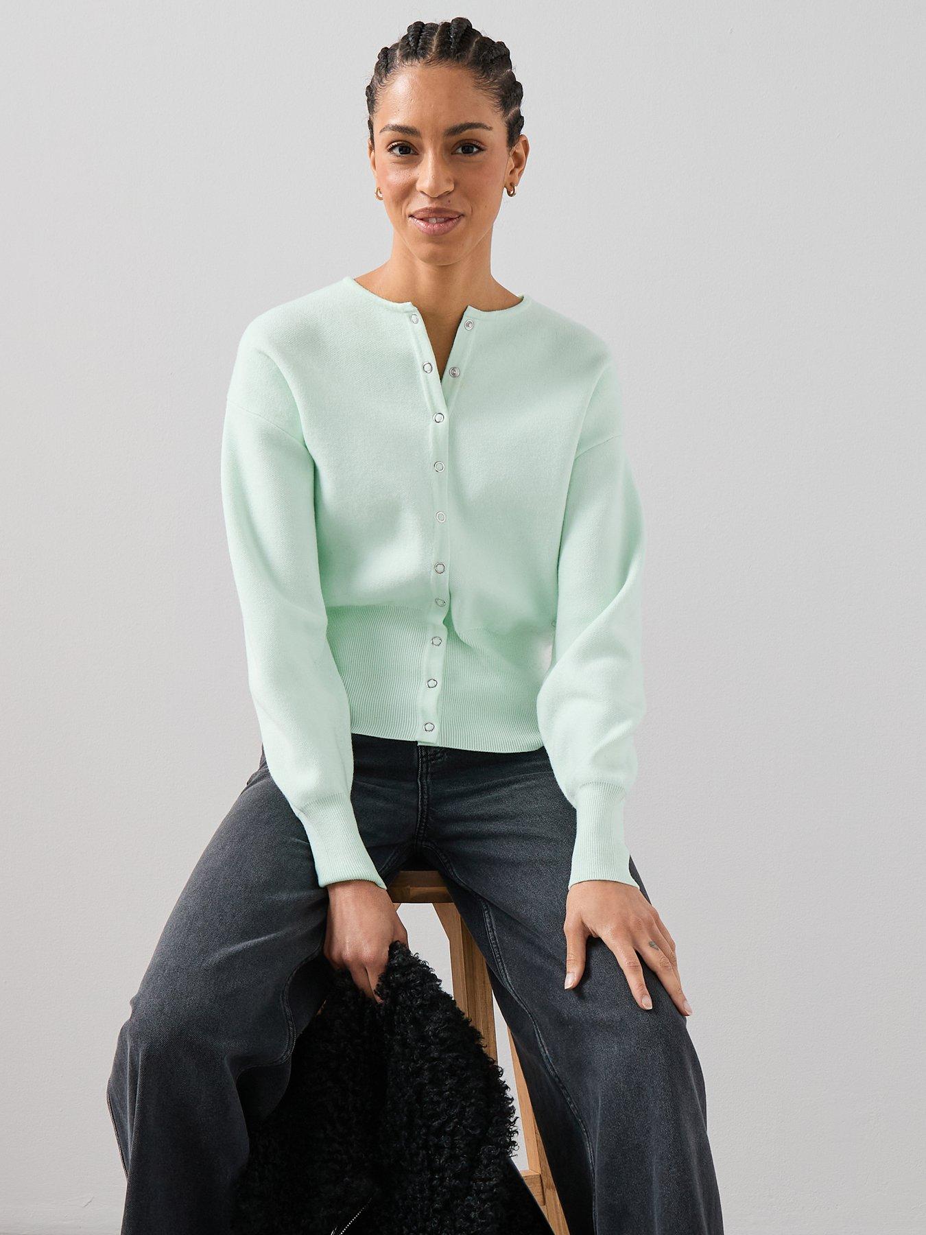  image of the-very-collection-crew-neck-popper-front-cardigan-green