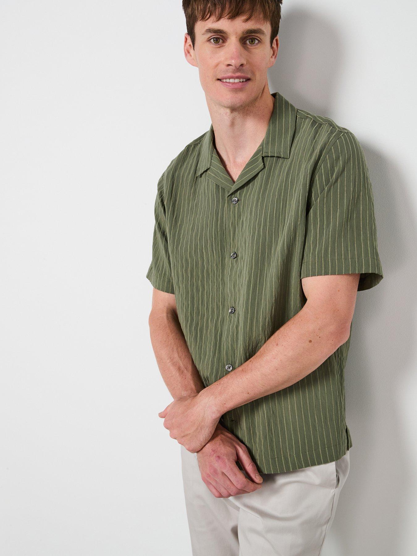 front image of mango-pireo-pinstripe-short-sleeve-resort-shirt-khaki