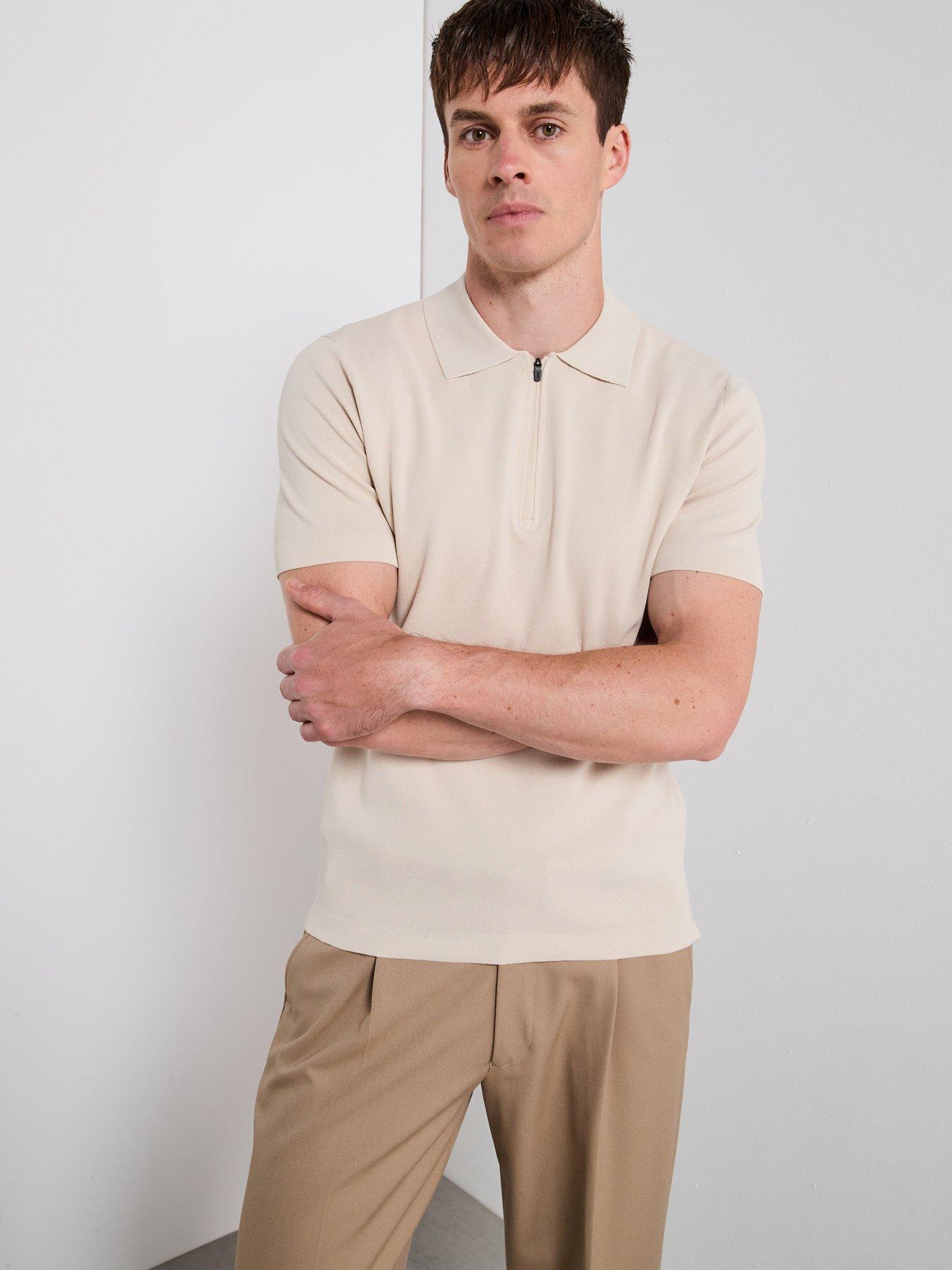 undefined Miller Short Sleeve Zip Neck Polo Shirt - Light Beige