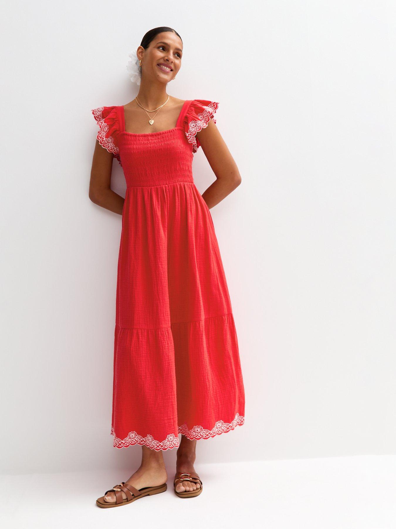 undefined Red Floral Embroidered Sleeve Tiered Midi Dress