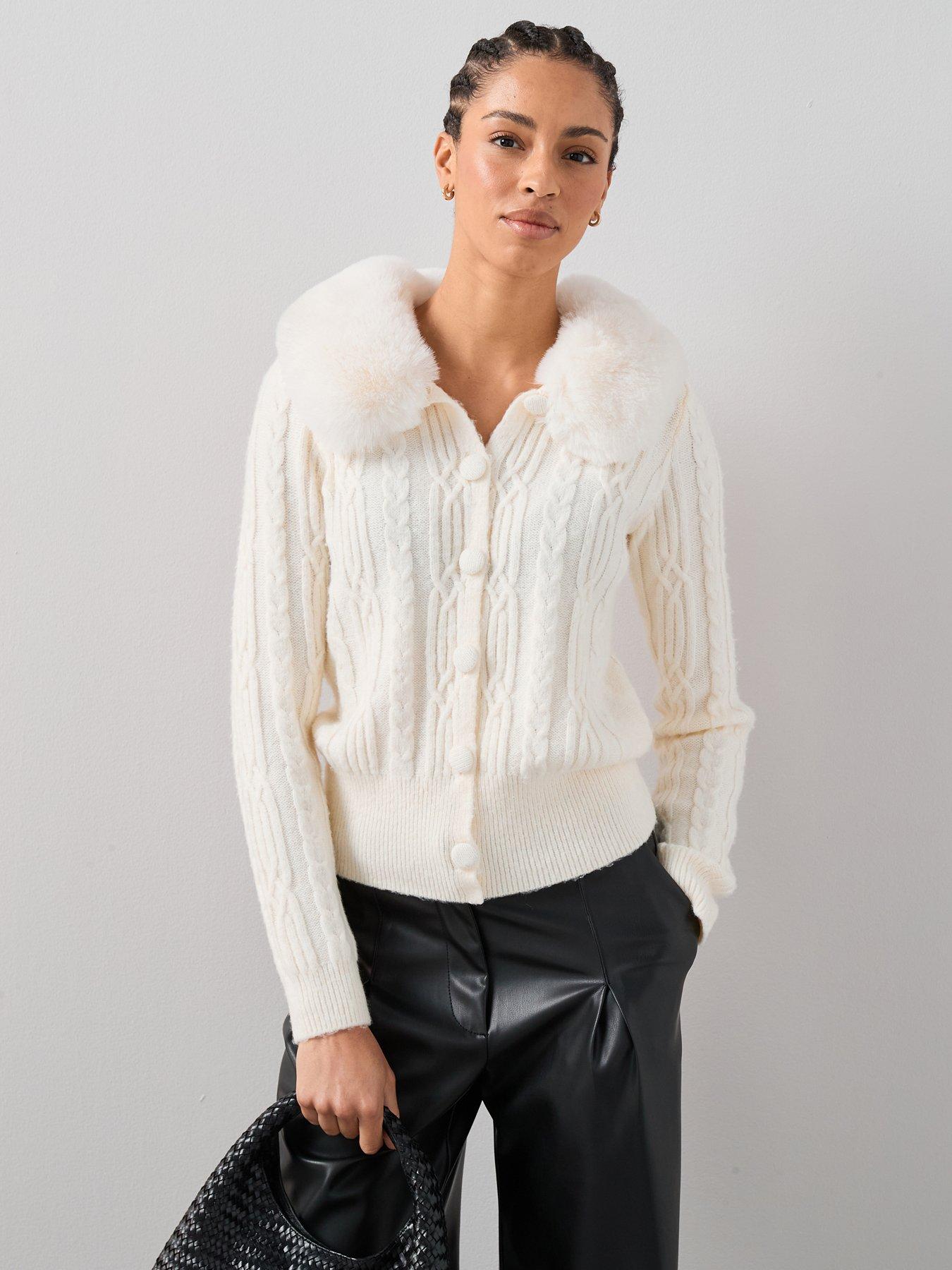 The Very Collection Detachable Fur Collared Cable Cardigan - Cream