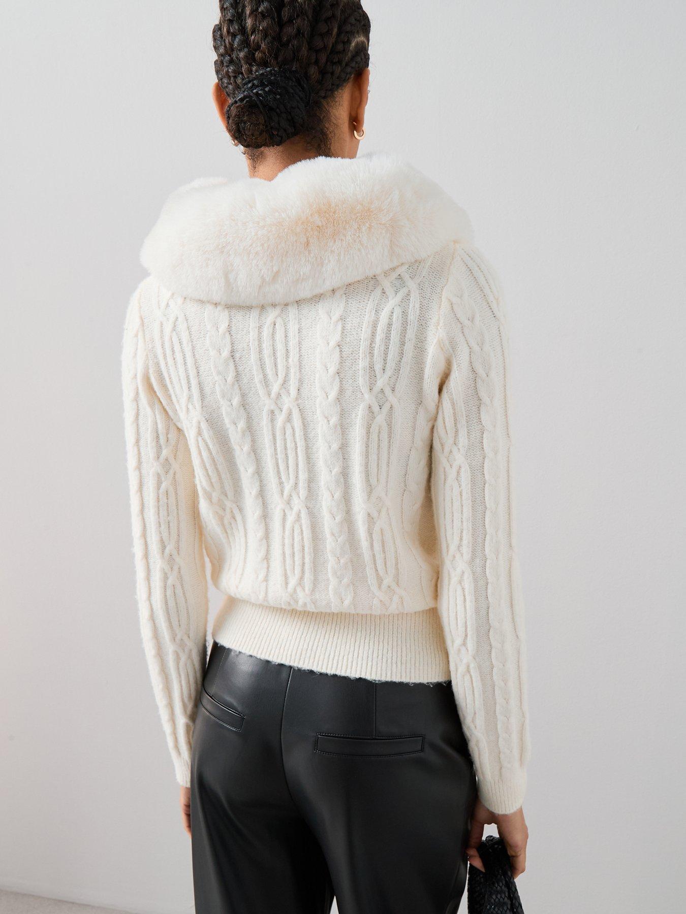  image of the-very-collection-detachable-fur-collared-cable-cardigan-cream