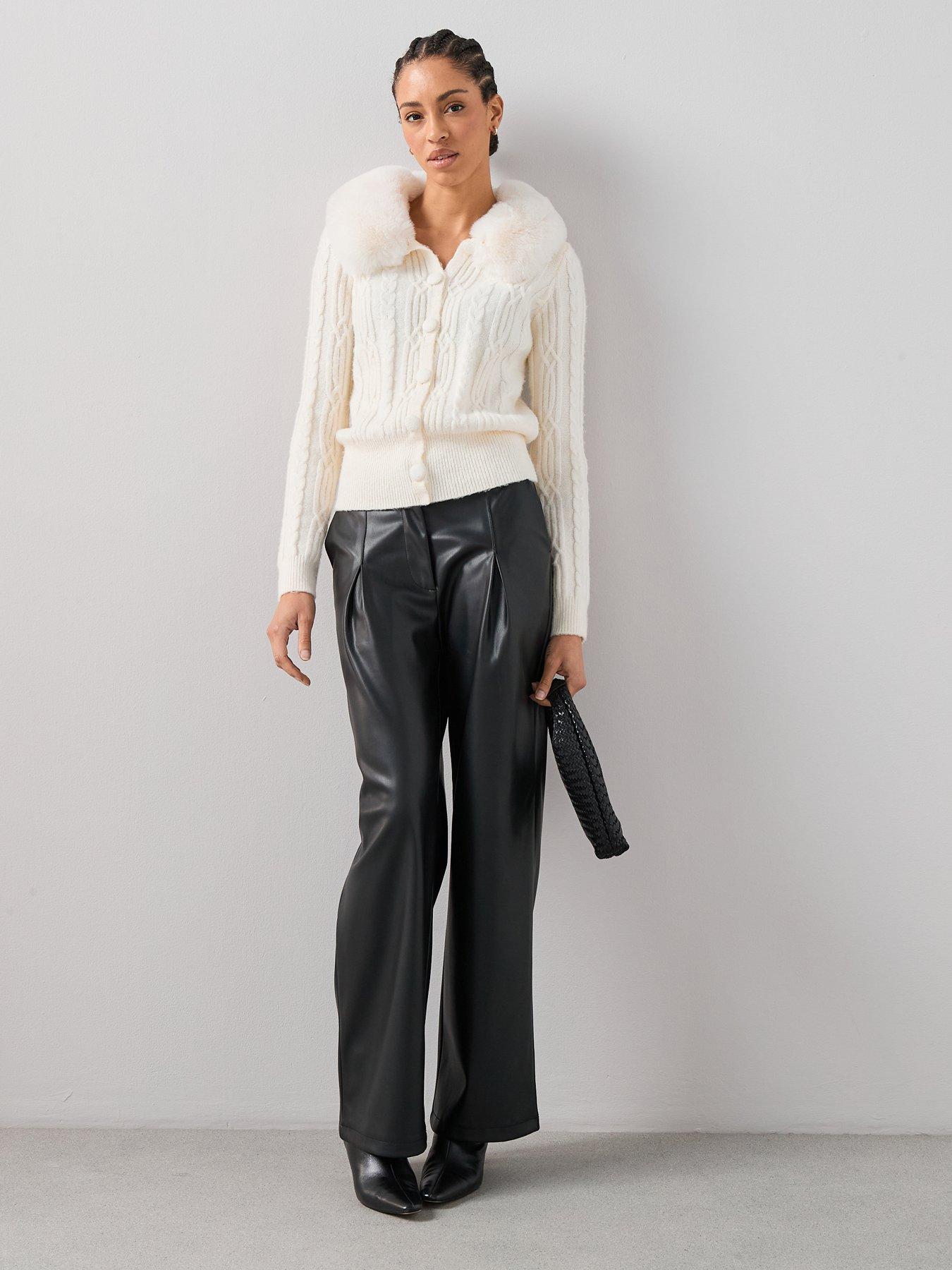  image of the-very-collection-detachable-fur-collared-cable-cardigan-cream