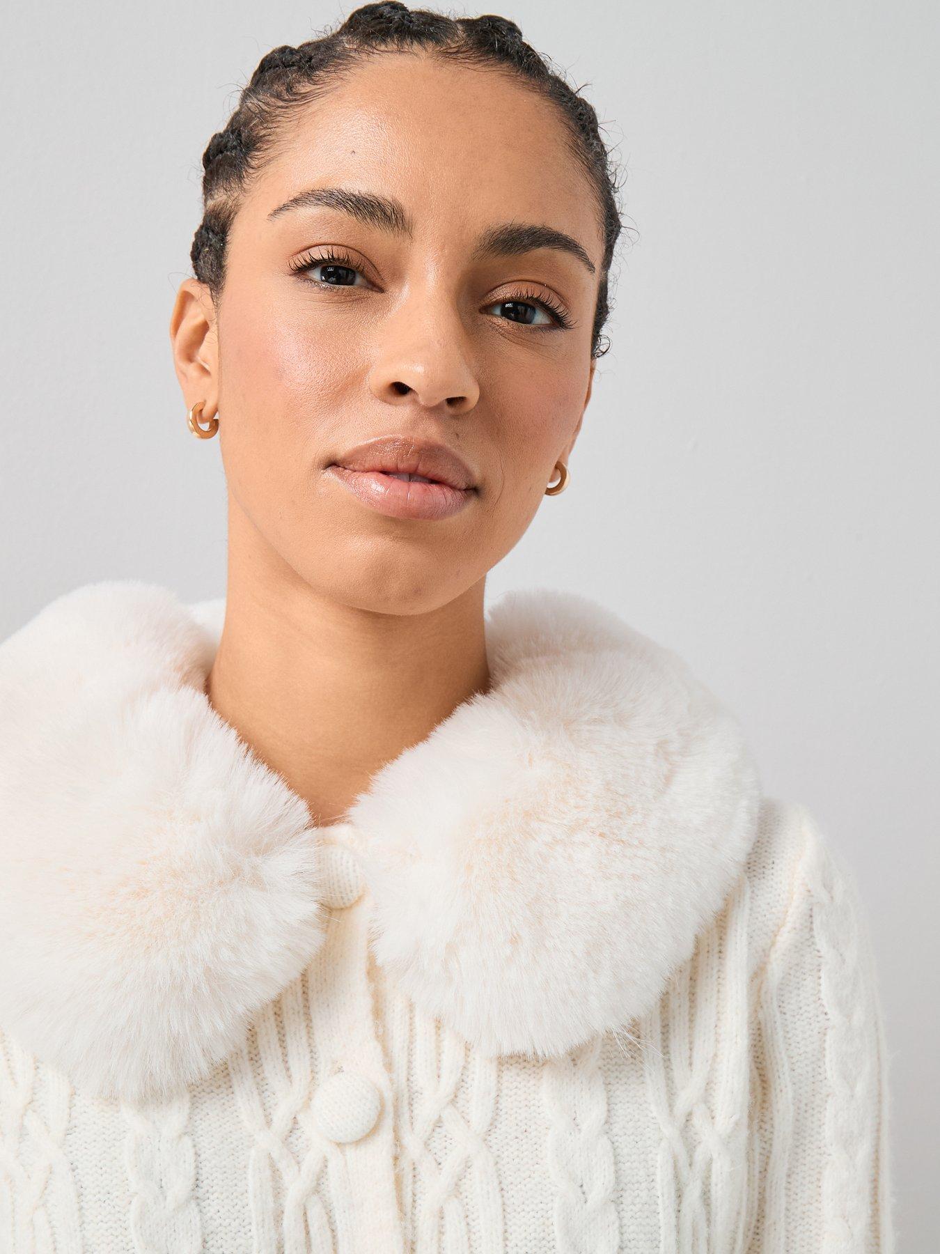  image of the-very-collection-detachable-fur-collared-cable-cardigan-cream