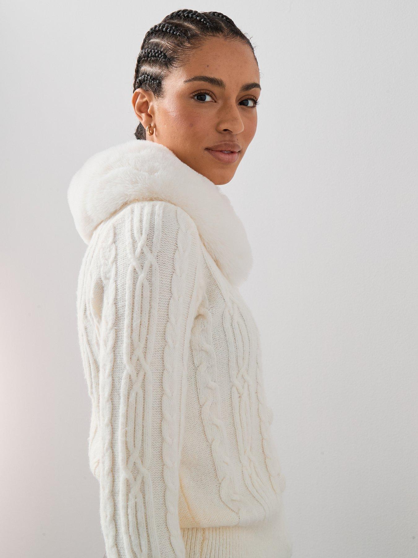  image of the-very-collection-detachable-fur-collared-cable-cardigan-cream