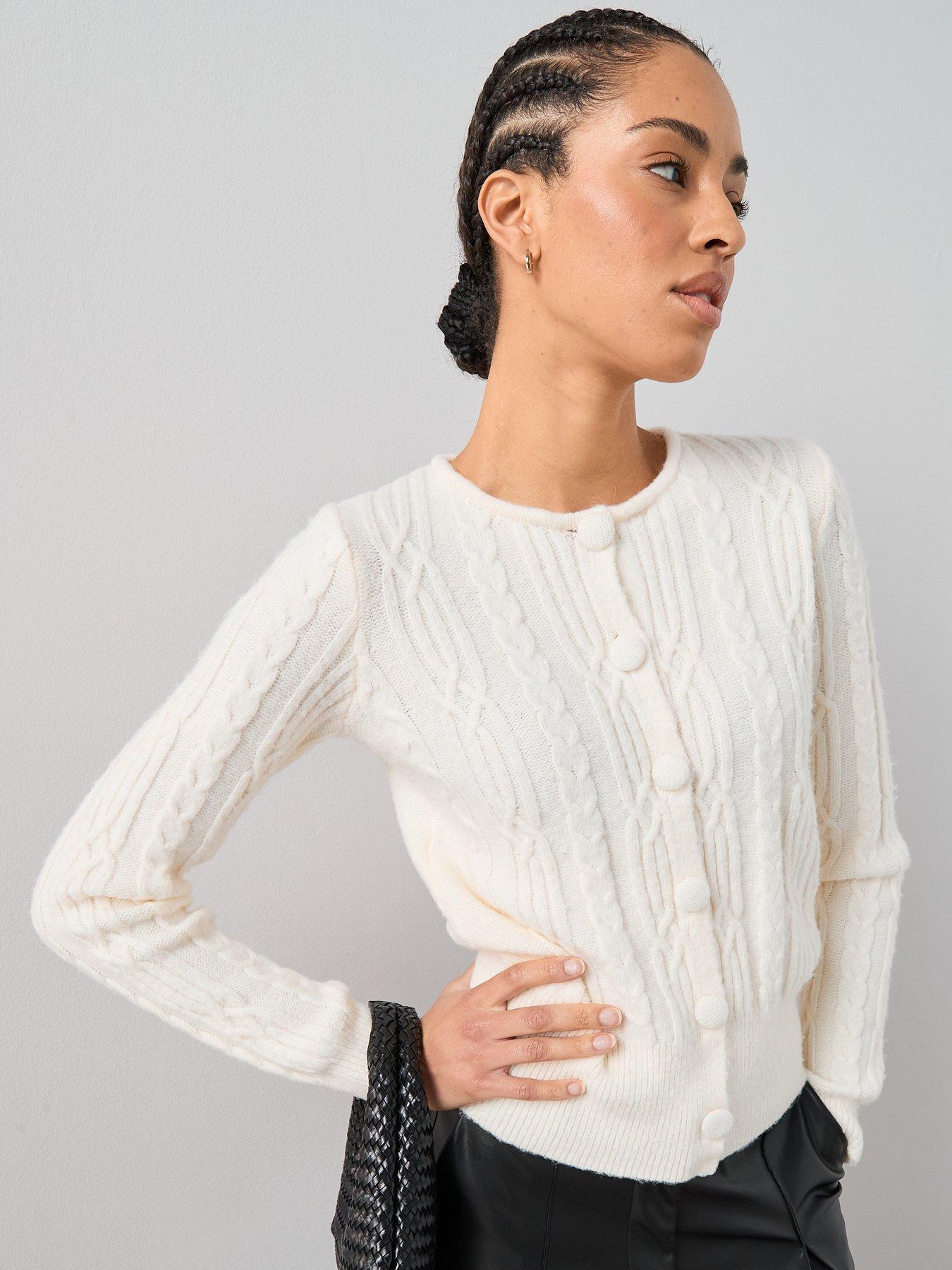  image of the-very-collection-detachable-fur-collared-cable-cardigan-cream