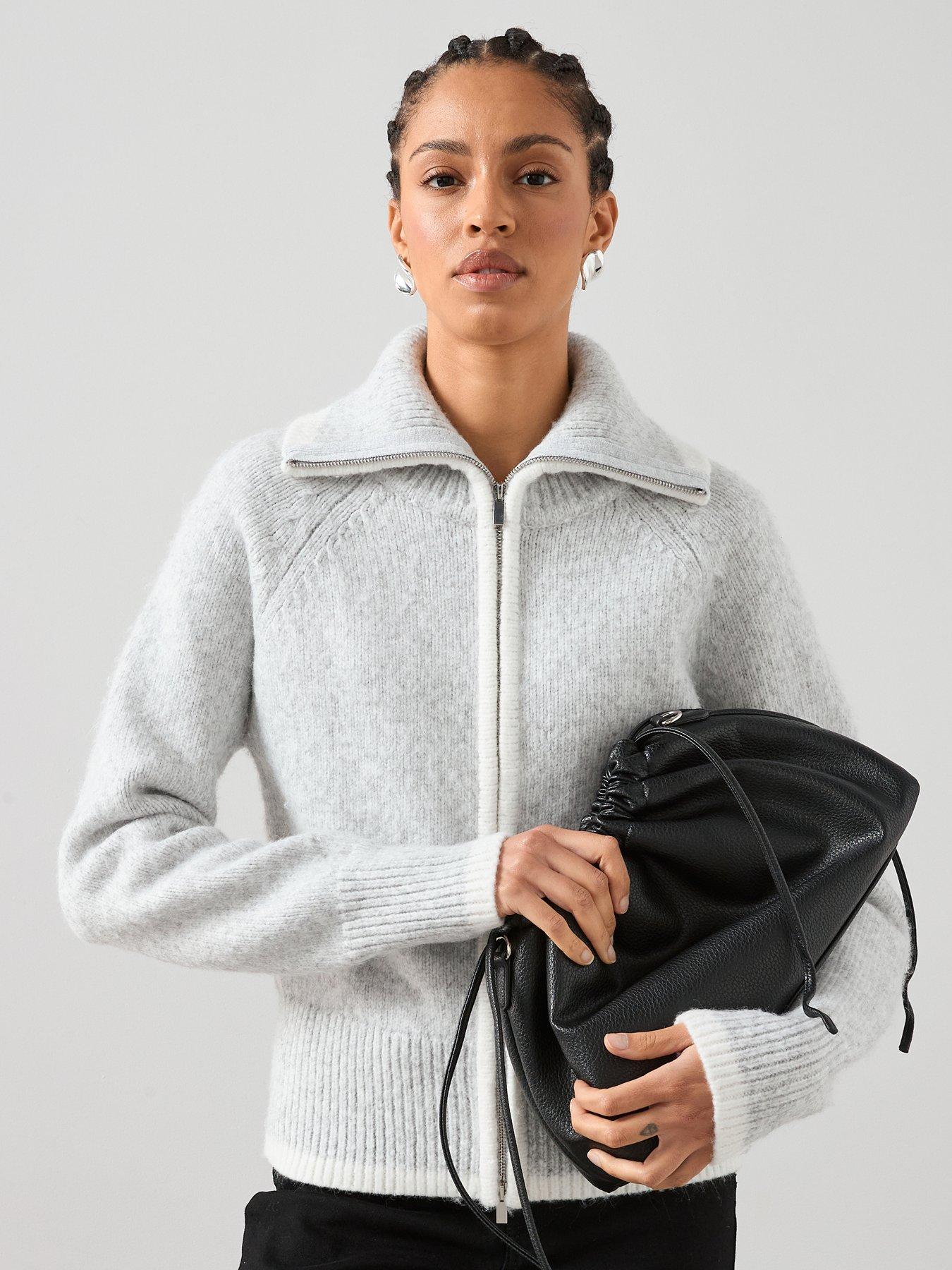 The Very Collection Contrast Zip Through Knitted Cardigan - Grey