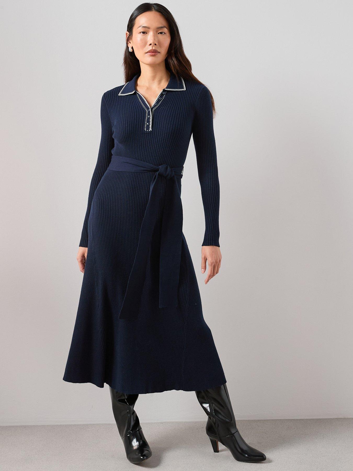  image of the-very-collection-collared-neck-midaxi-dress-with-stitch-detail-blue
