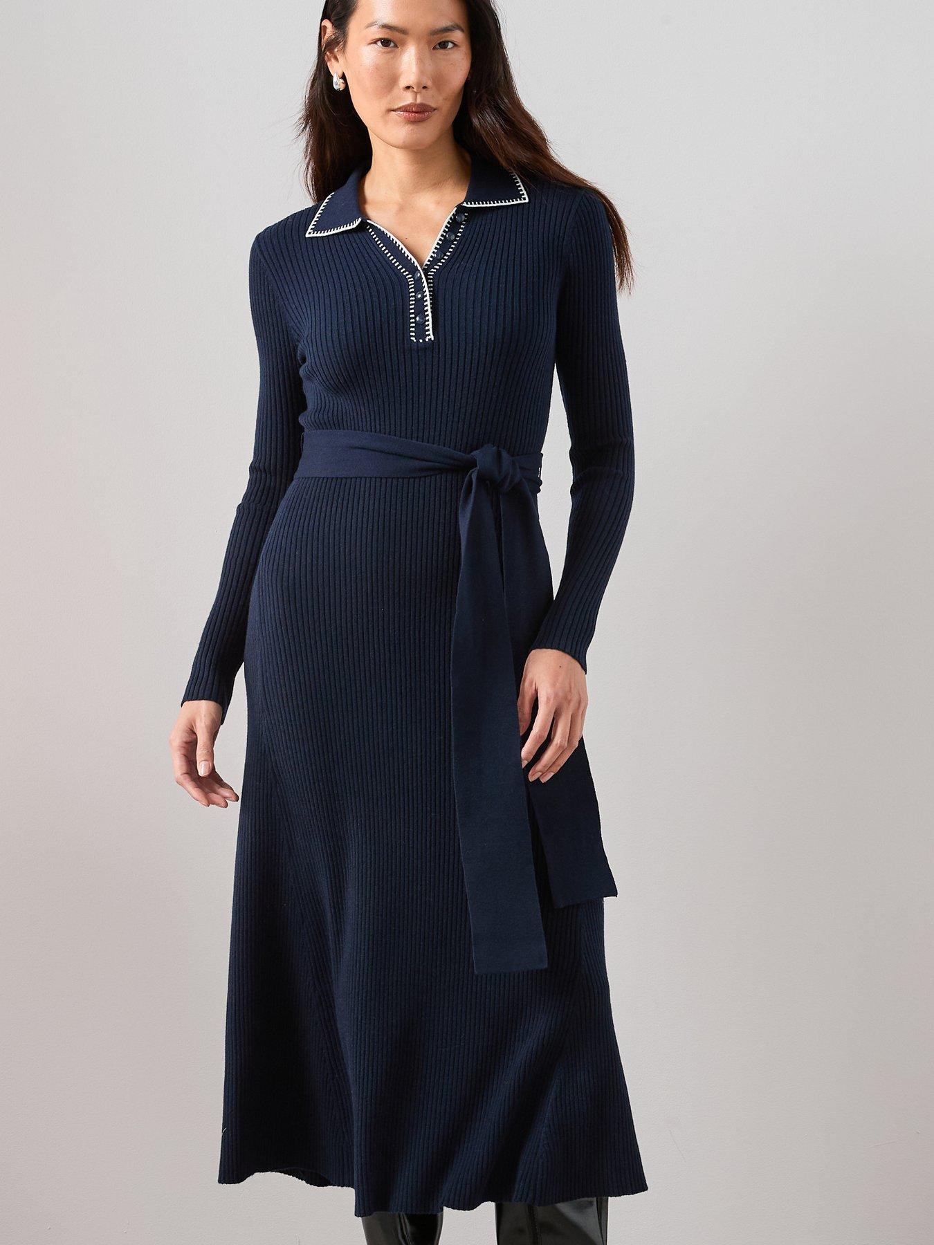 image of the-very-collection-collared-neck-midaxi-dress-with-stitch-detail-blue