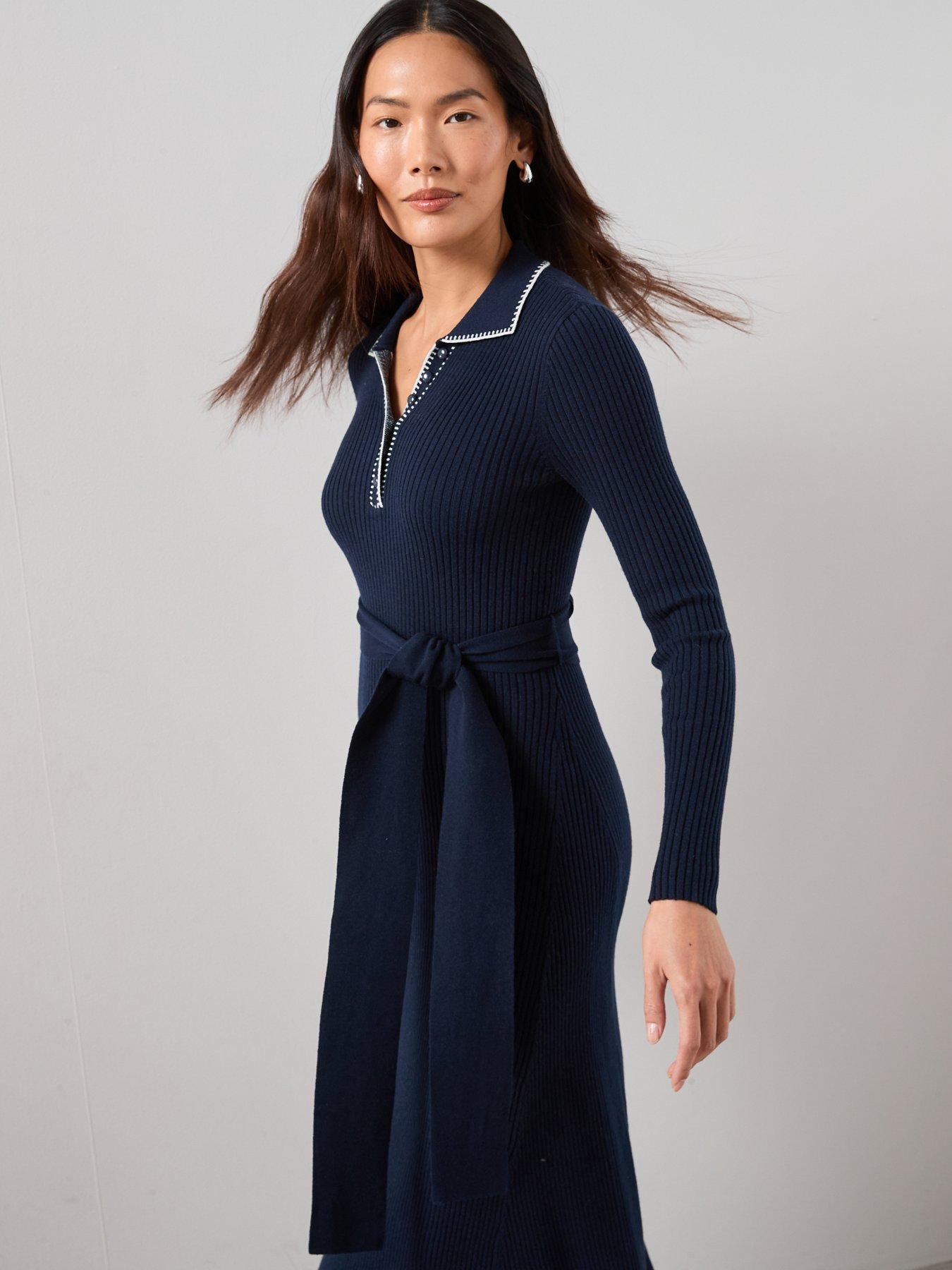  image of the-very-collection-collared-neck-midaxi-dress-with-stitch-detail-blue
