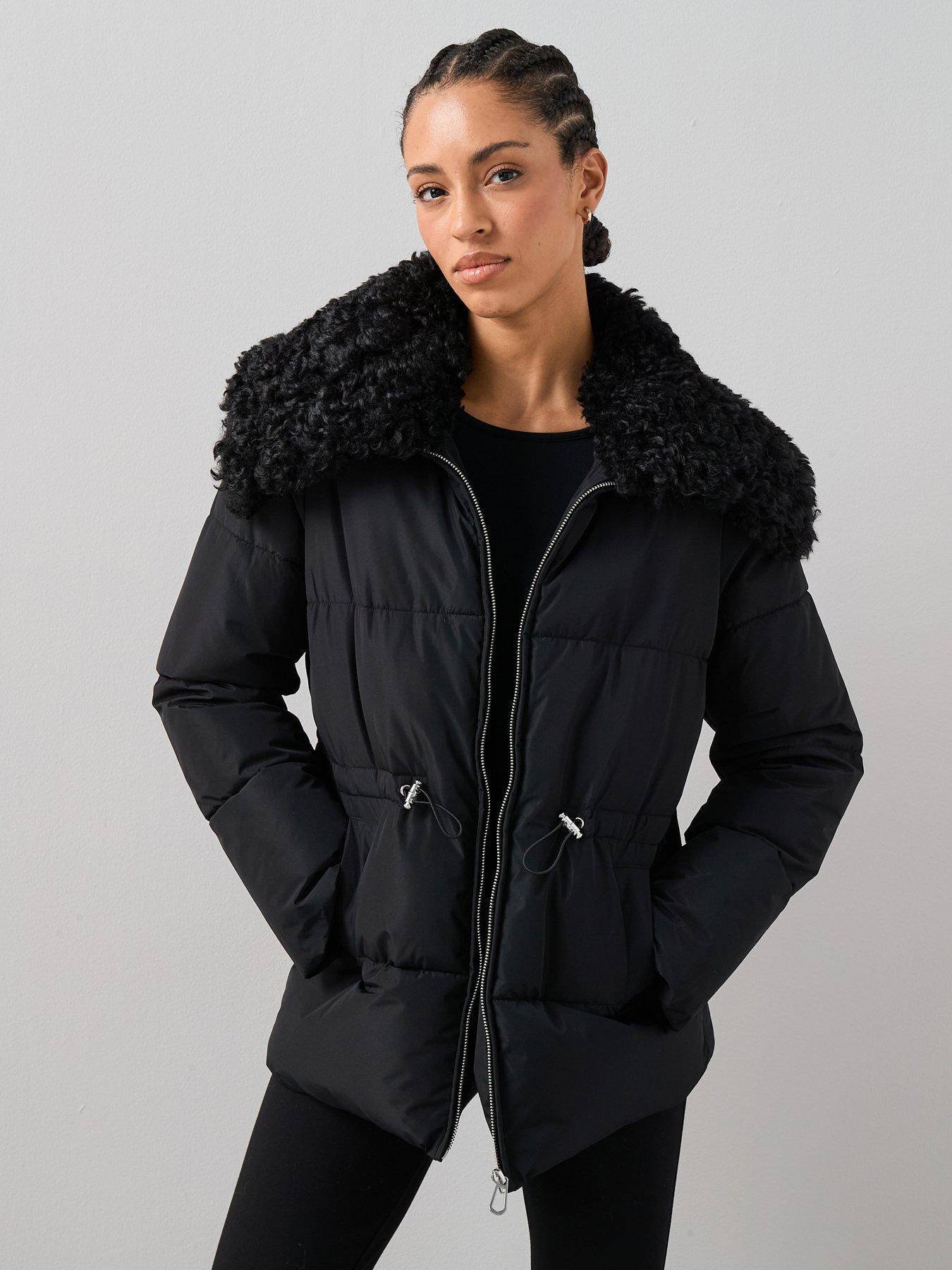 V by Very Faux Fur Trim Belted Padded Coat - Black | Littlewoods