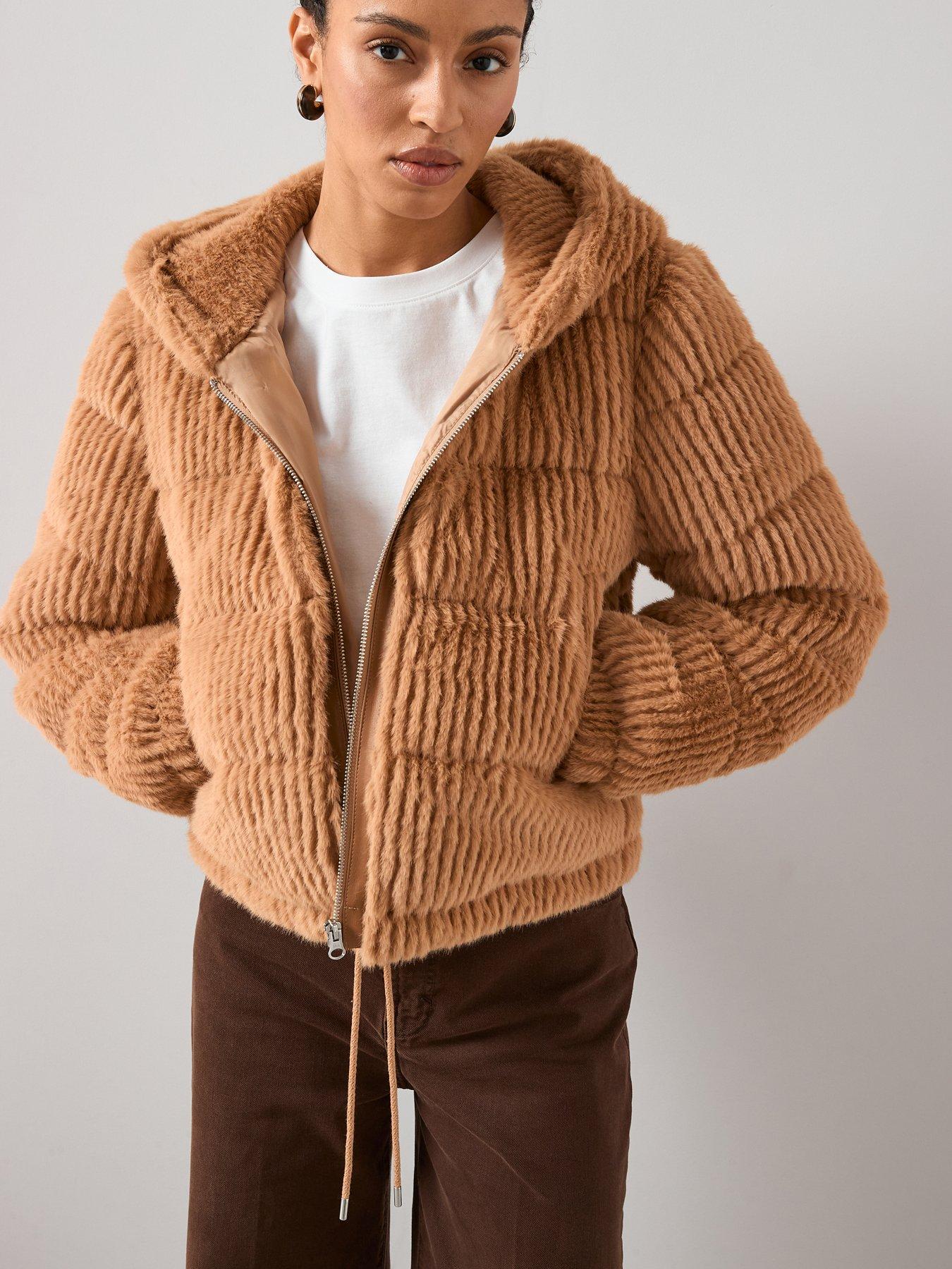 front image of the-very-collection-faux-fur-hooded-padded-coat-caramel