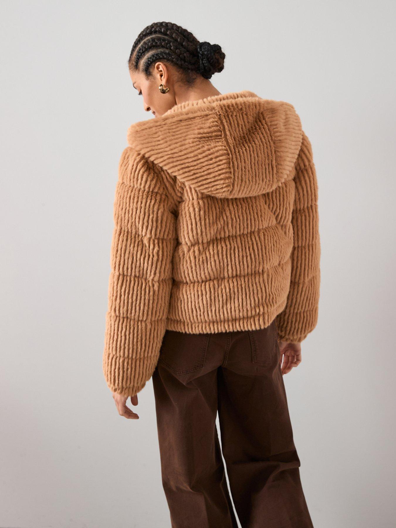 stillFront image of the-very-collection-faux-fur-hooded-padded-coat-caramel