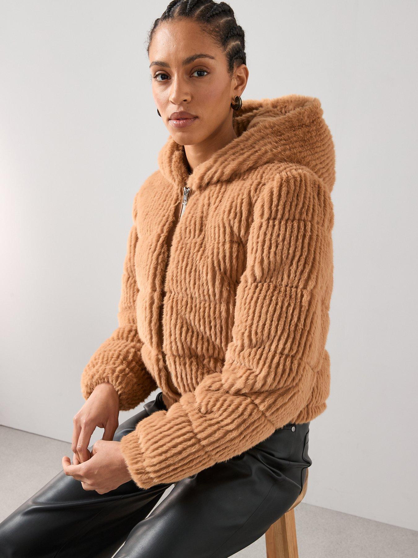  image of the-very-collection-faux-fur-hooded-padded-coat-caramel