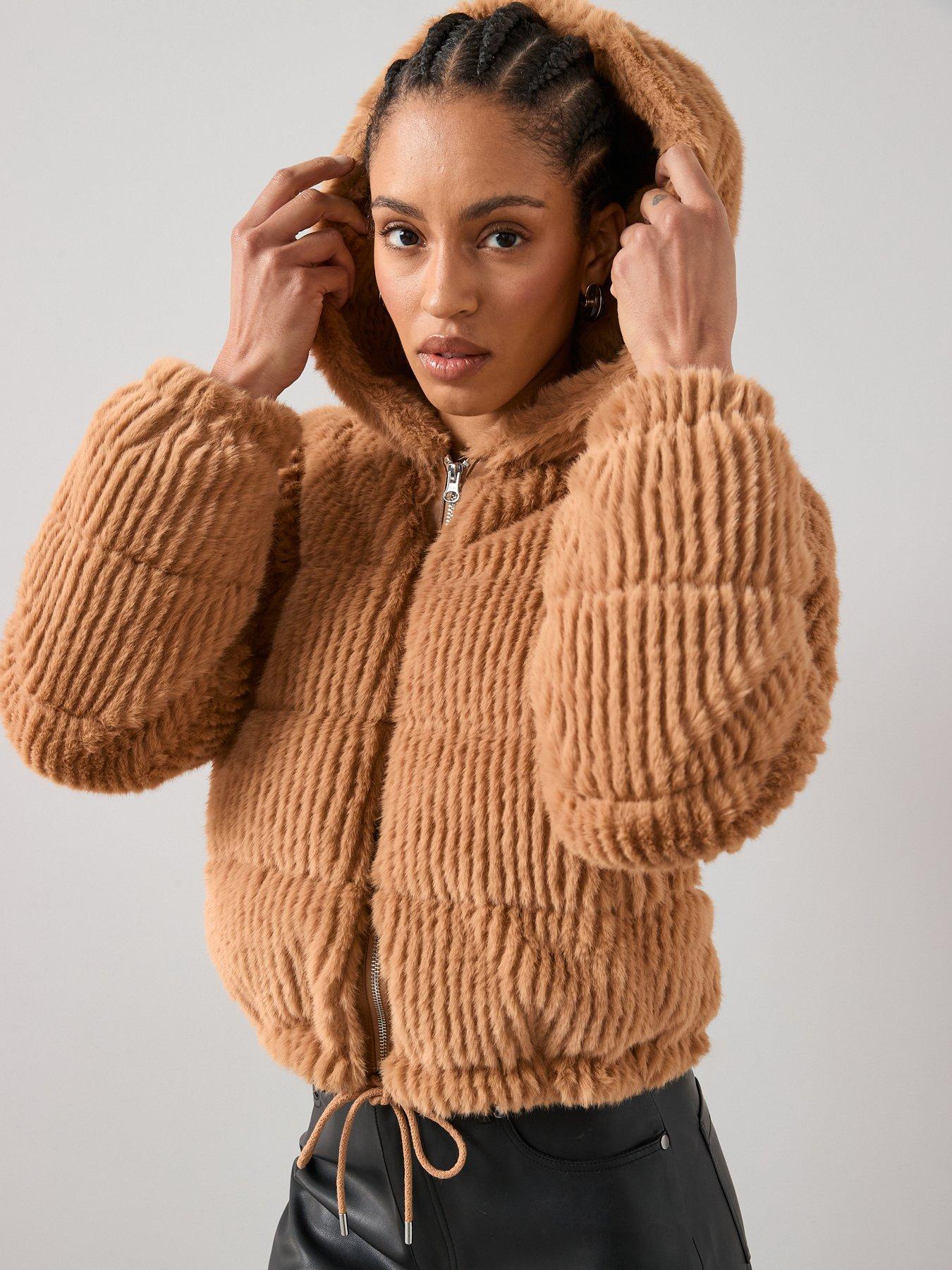  image of the-very-collection-faux-fur-hooded-padded-coat-caramel